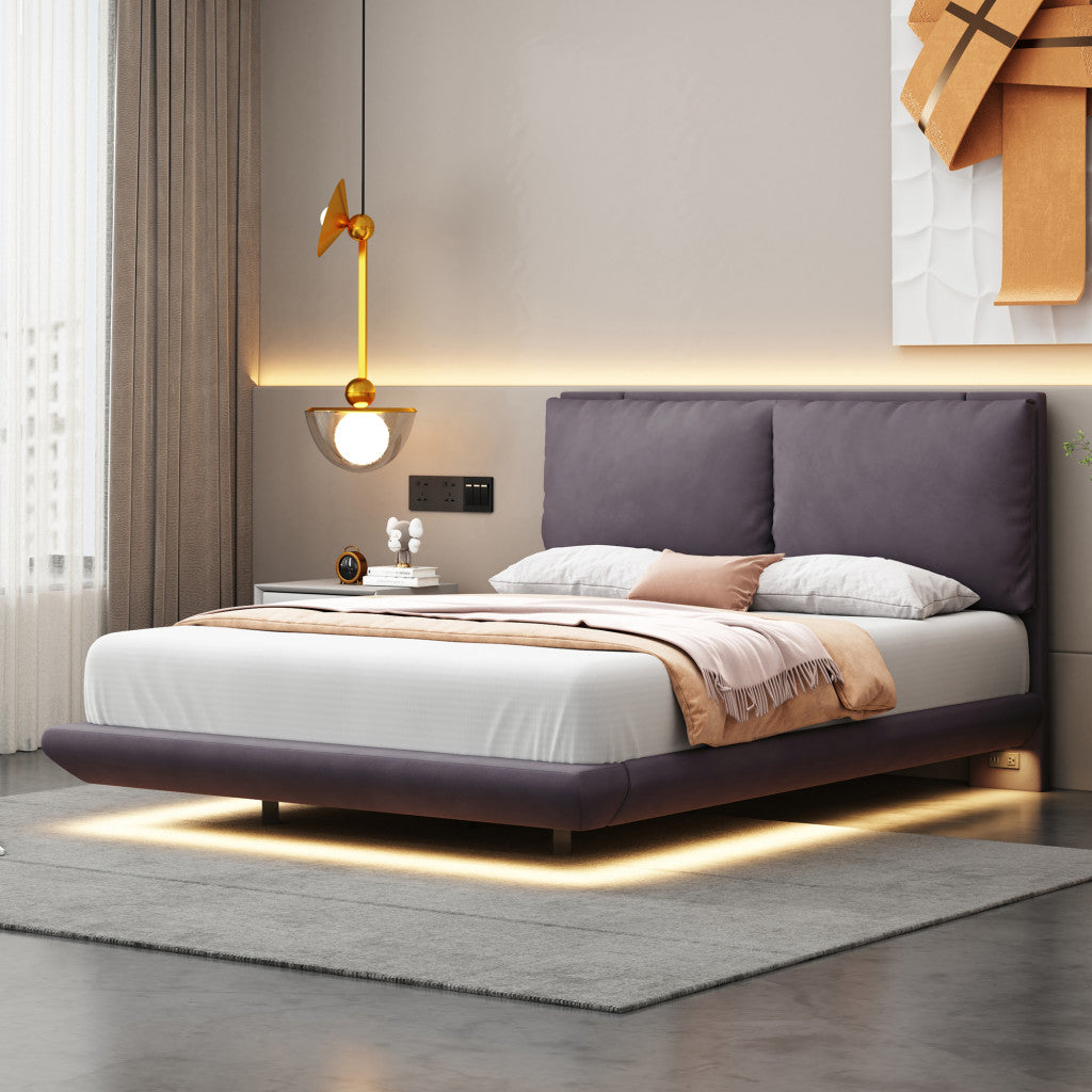 Gray Tufted Upholstered Full Bed Frame With LED Lighting And USB-8