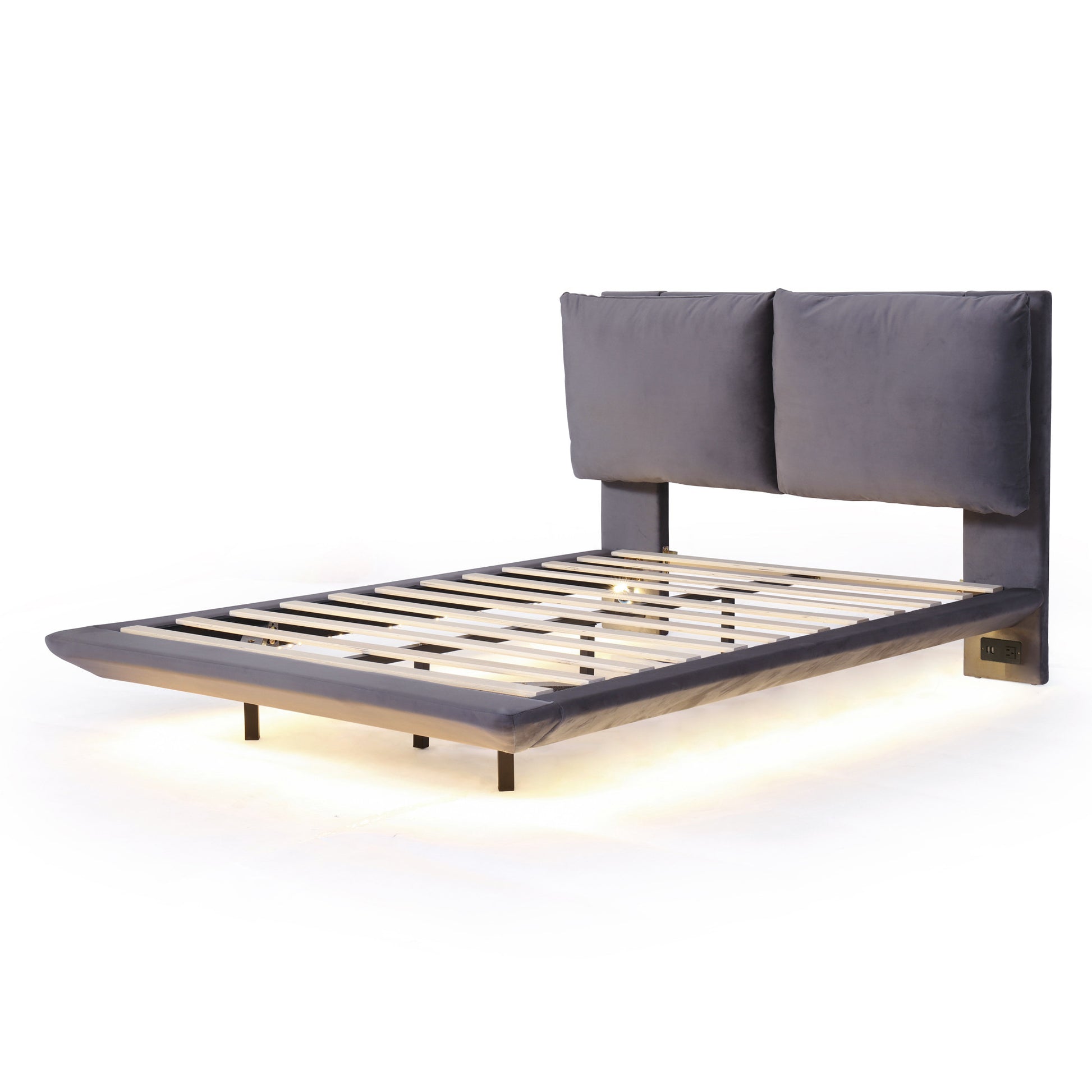 Gray Tufted Upholstered Full Bed Frame With LED Lighting And USB-2