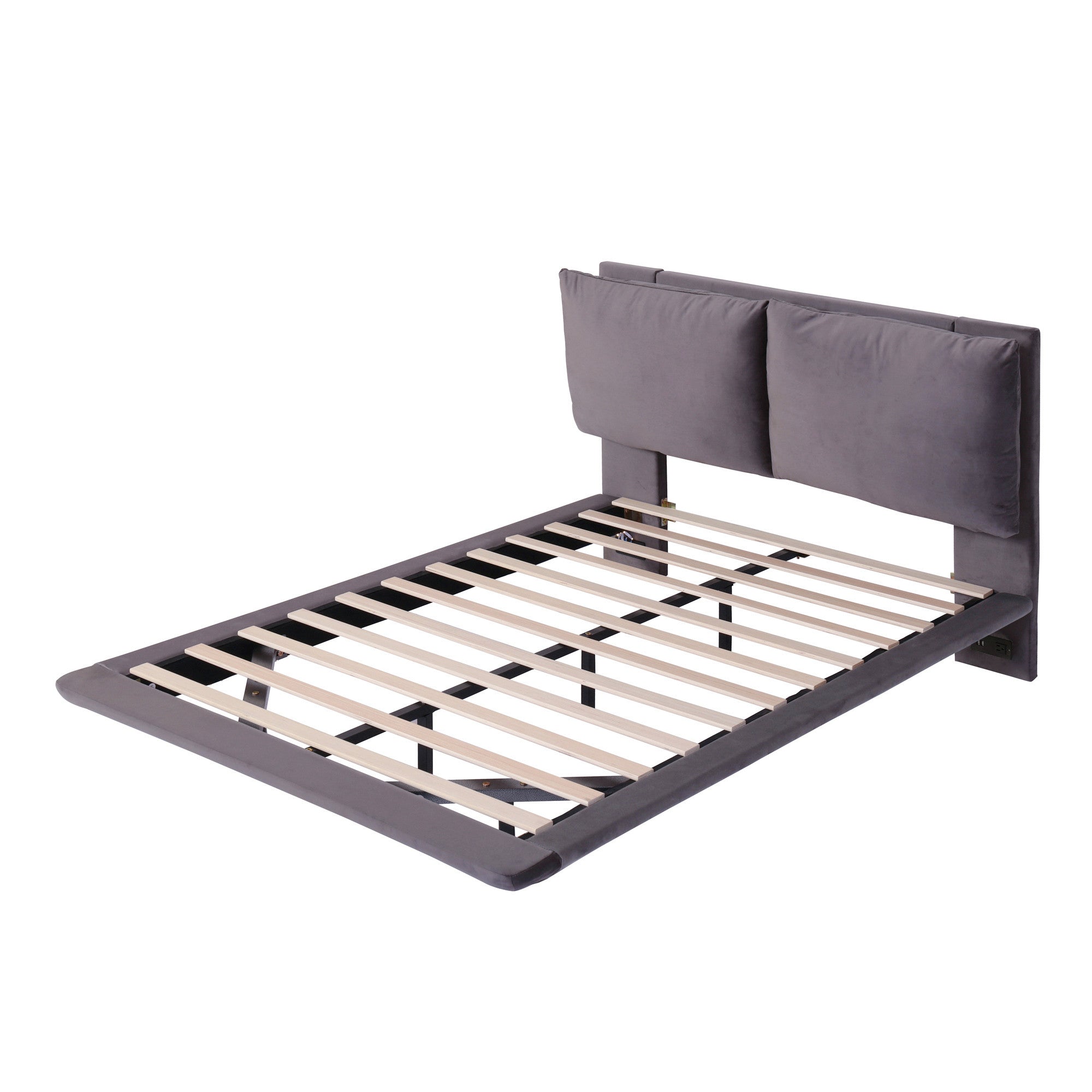 Gray Tufted Upholstered Full Bed Frame With LED Lighting And USB-4