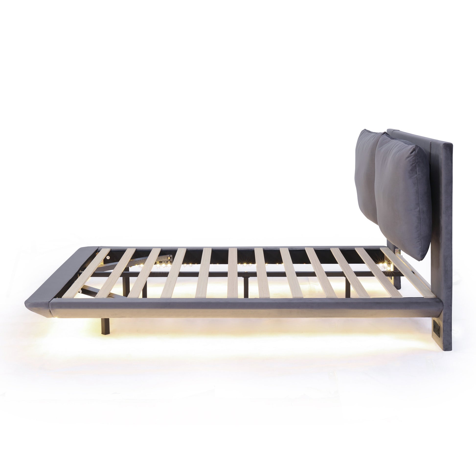 Gray Tufted Upholstered Full Bed Frame With LED Lighting And USB-5