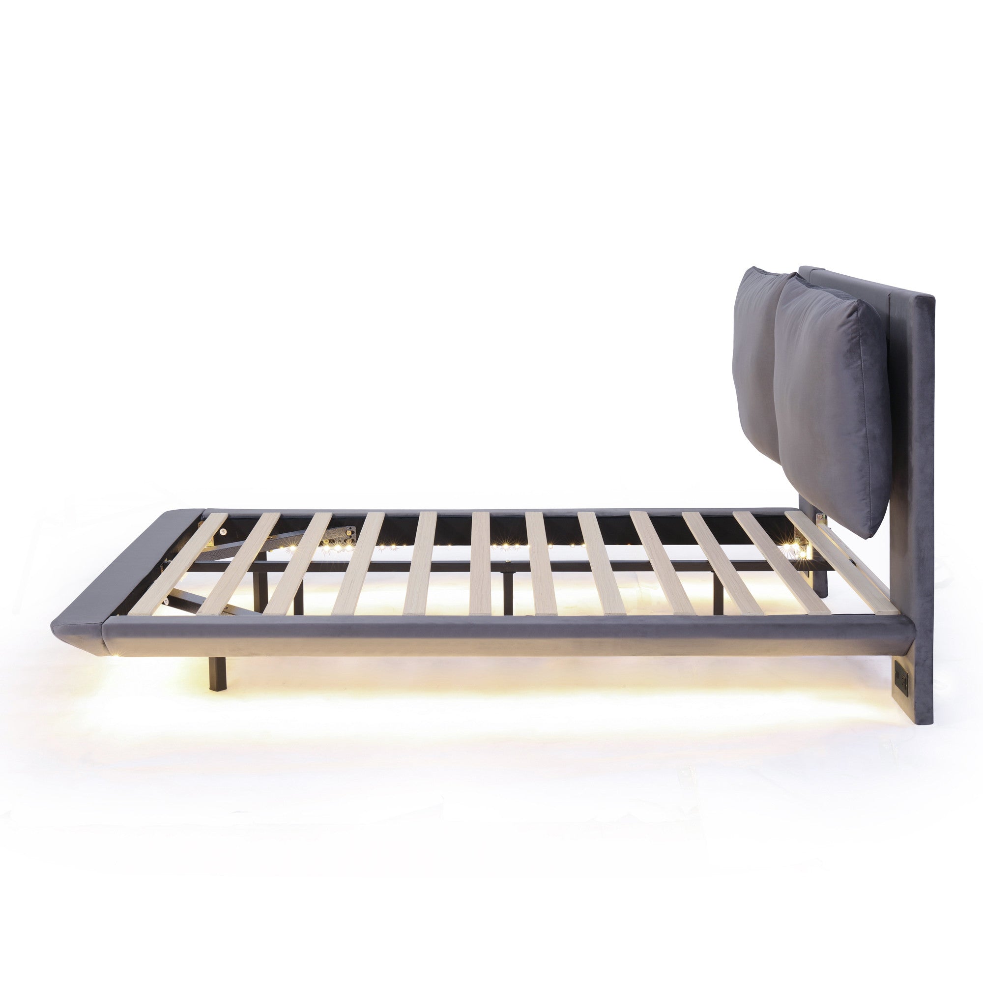 Gray Tufted Upholstered Full Bed Frame With LED Lighting And USB-5