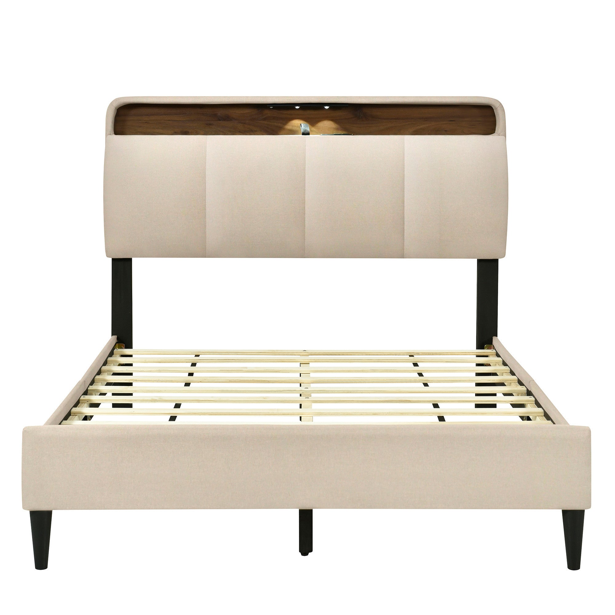 Beige Tufted Upholstered Full Bed Frame With USB-5