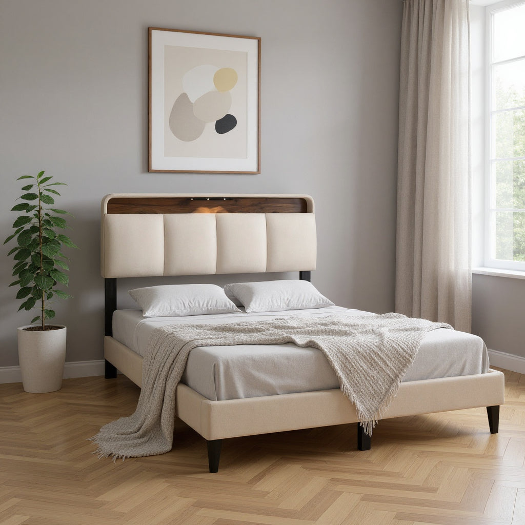 Beige Tufted Upholstered Full Bed Frame With USB-0
