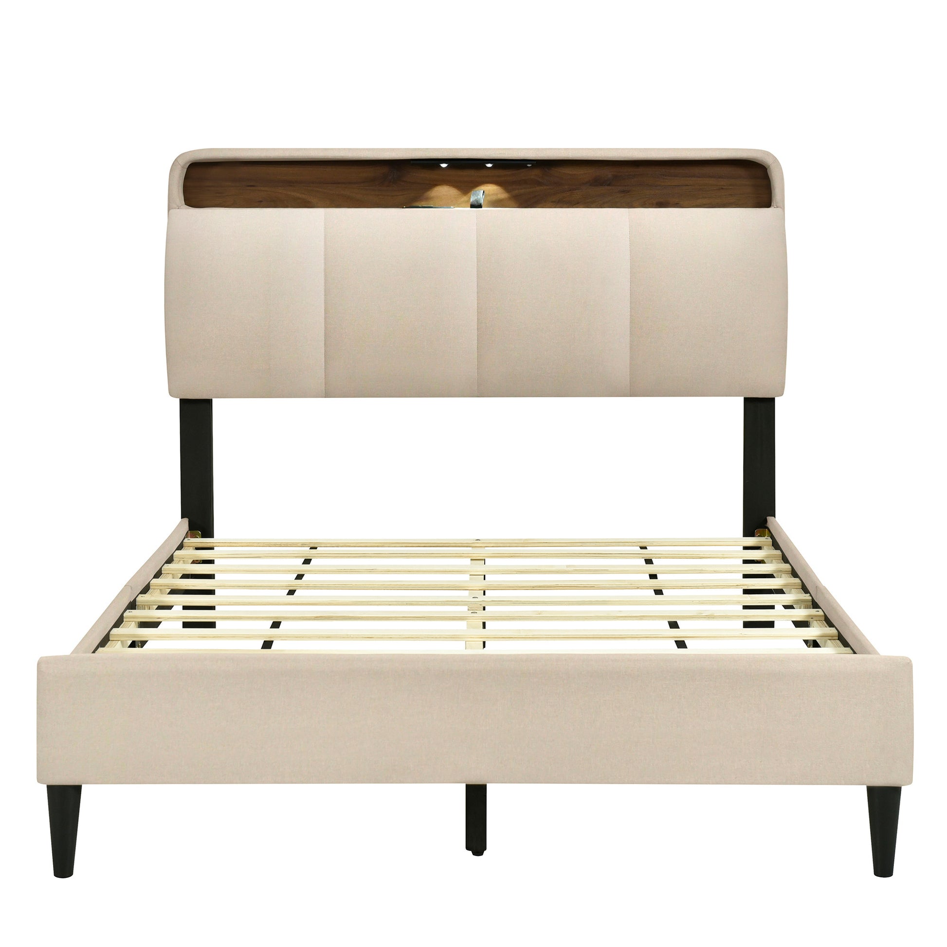 Beige Tufted Upholstered Full Bed Frame With USB-1