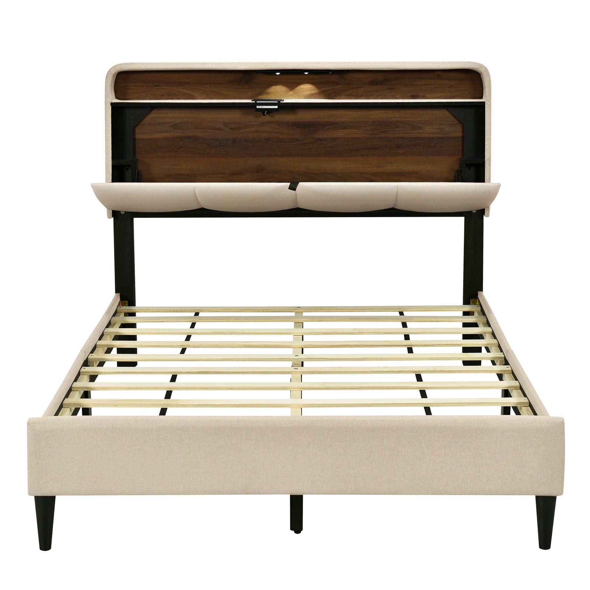 Beige Tufted Upholstered Full Bed Frame With USB-2