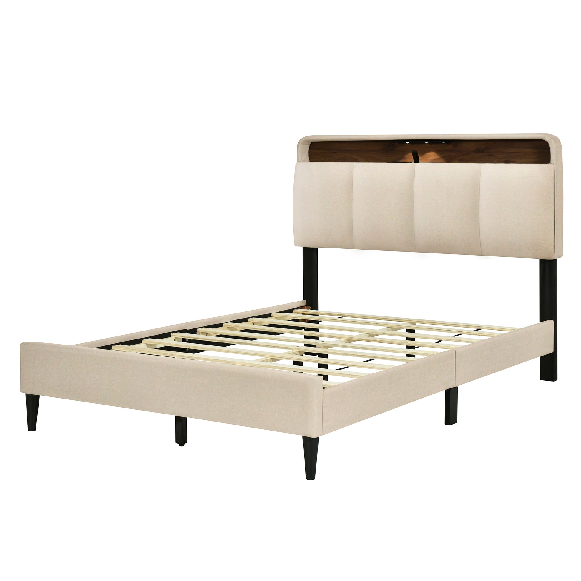 Beige Tufted Upholstered Full Bed Frame With USB-3