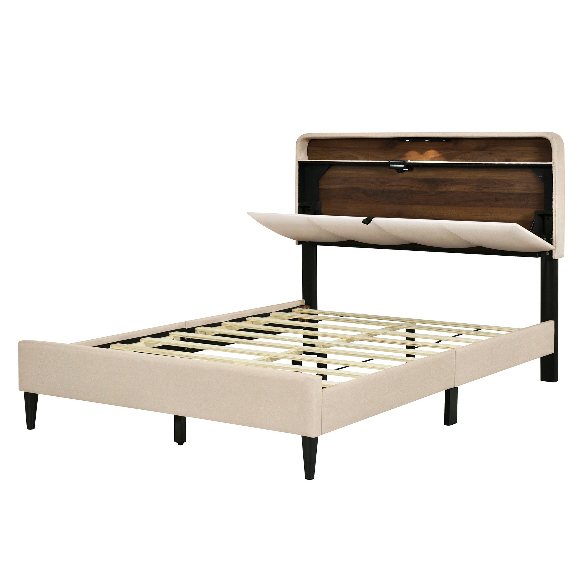 Beige Tufted Upholstered Full Bed Frame With USB-4