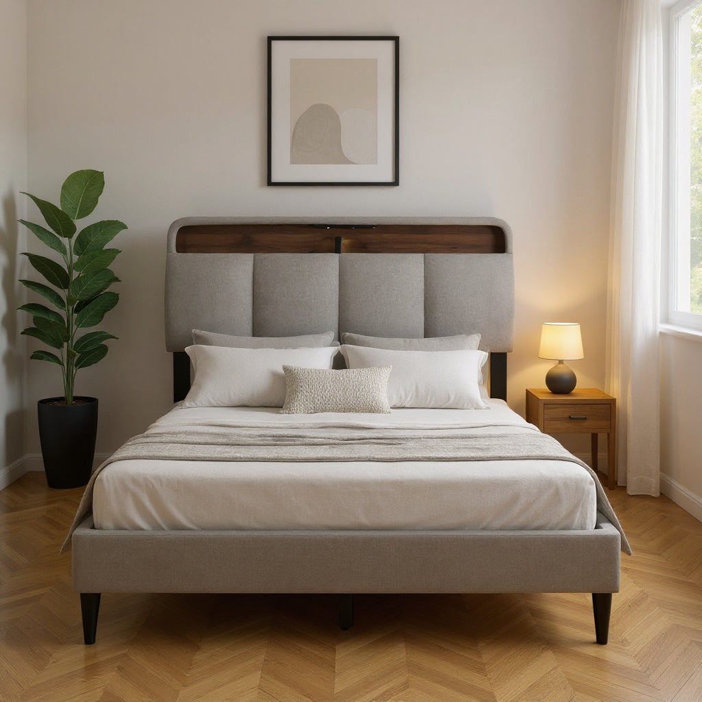 Gray Tufted Upholstered Full Bed Frame With USB-1