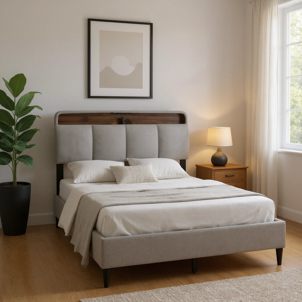 Gray Tufted Upholstered Full Bed Frame With USB-0