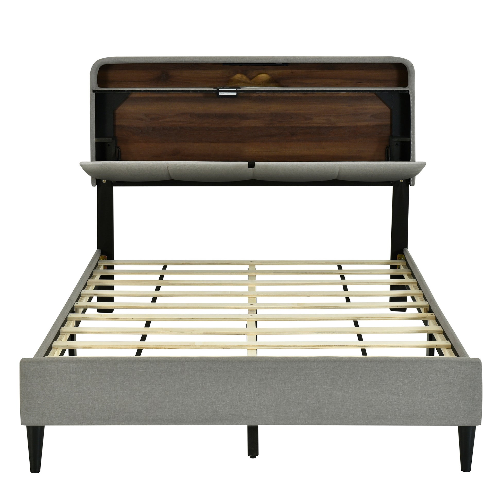 Gray Tufted Upholstered Full Bed Frame With USB-3