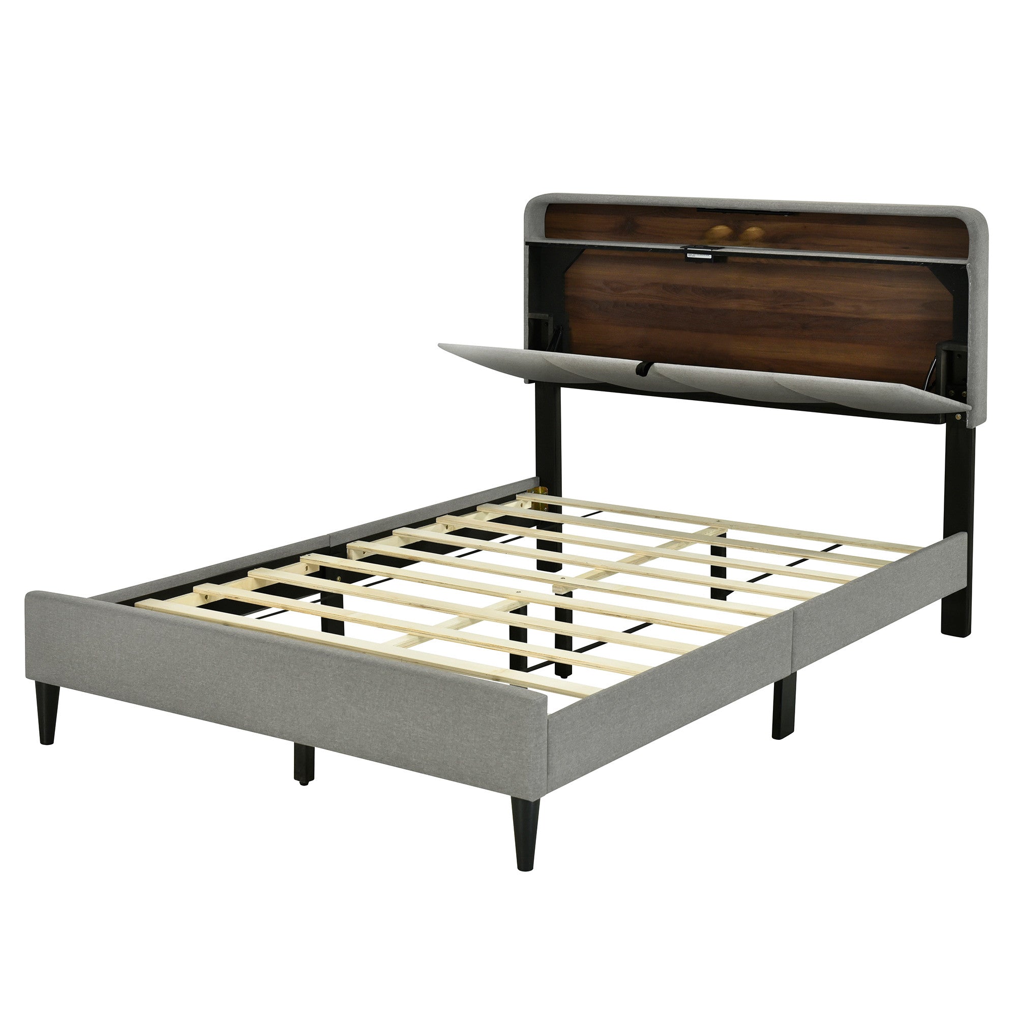 Gray Tufted Upholstered Full Bed Frame With USB-5