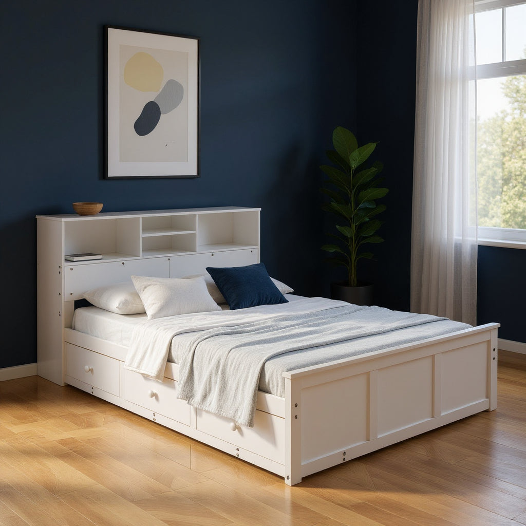 White Wood Full Bed Frame With Trundle And Drawers-0