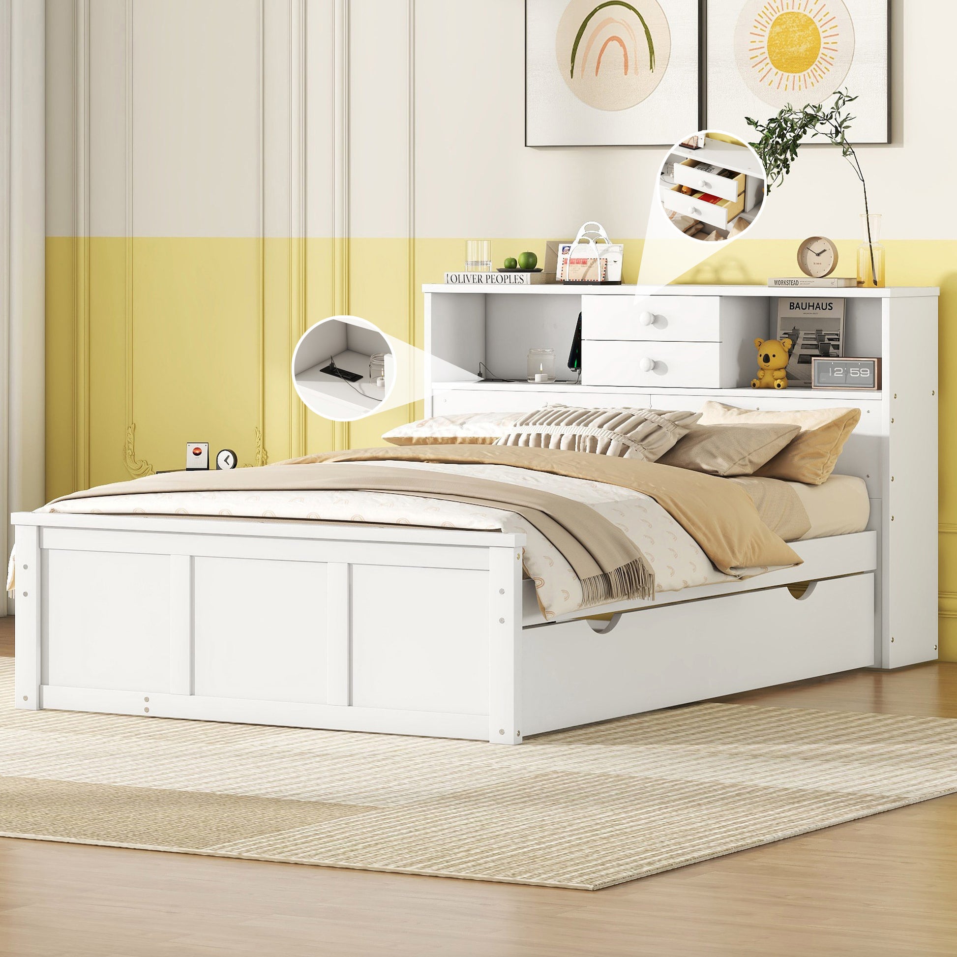 White Wood Full Bed Frame With Trundle And Drawers-8
