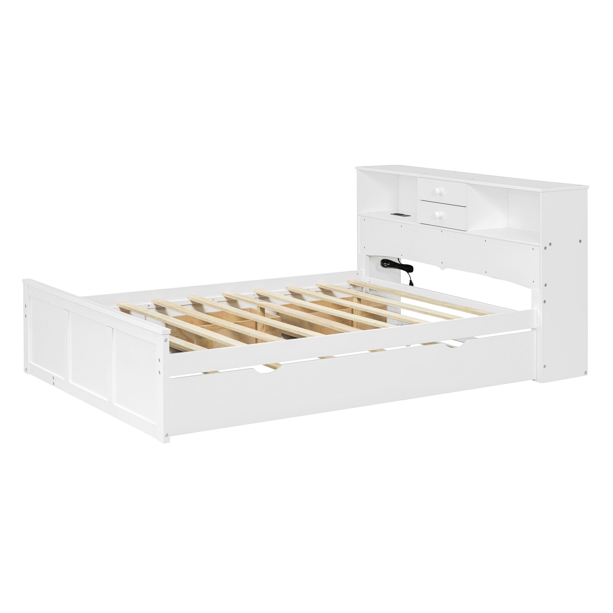 White Wood Full Bed Frame With Trundle And Drawers-2