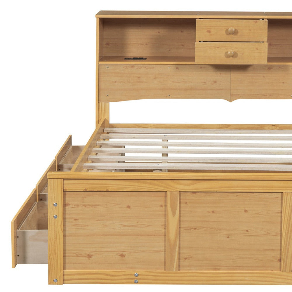 Natural Wood Full Bed Frame With Trundle And Drawers-7