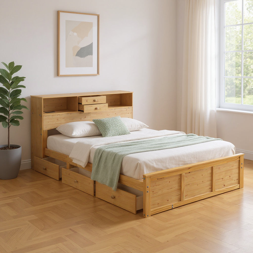 Natural Wood Full Bed Frame With Trundle And Drawers-0