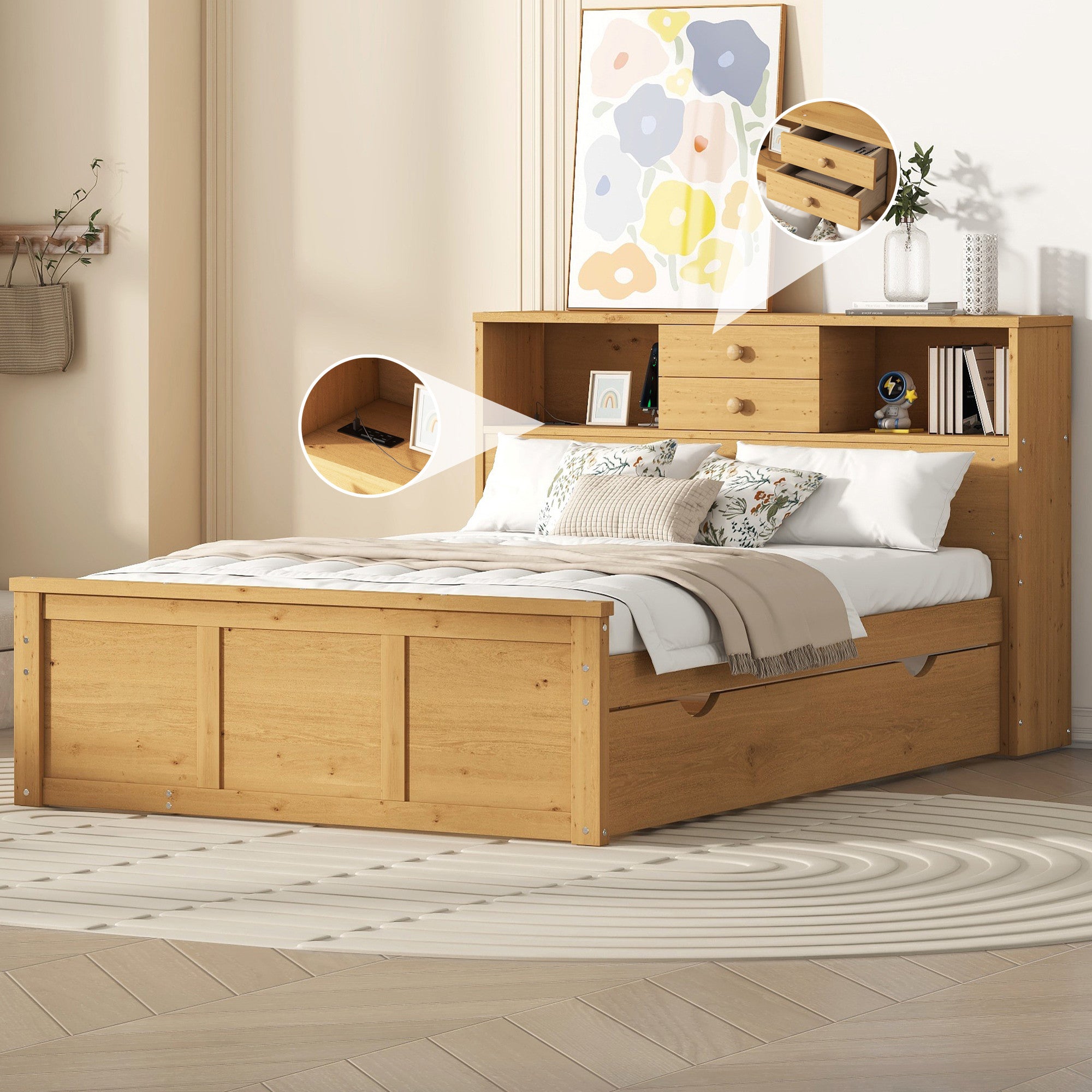 Natural Wood Full Bed Frame With Trundle And Drawers-8