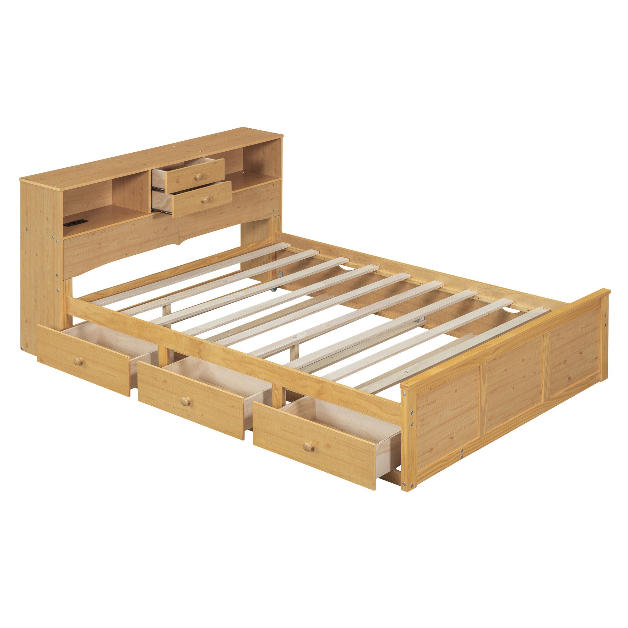 Natural Wood Full Bed Frame With Trundle And Drawers-1