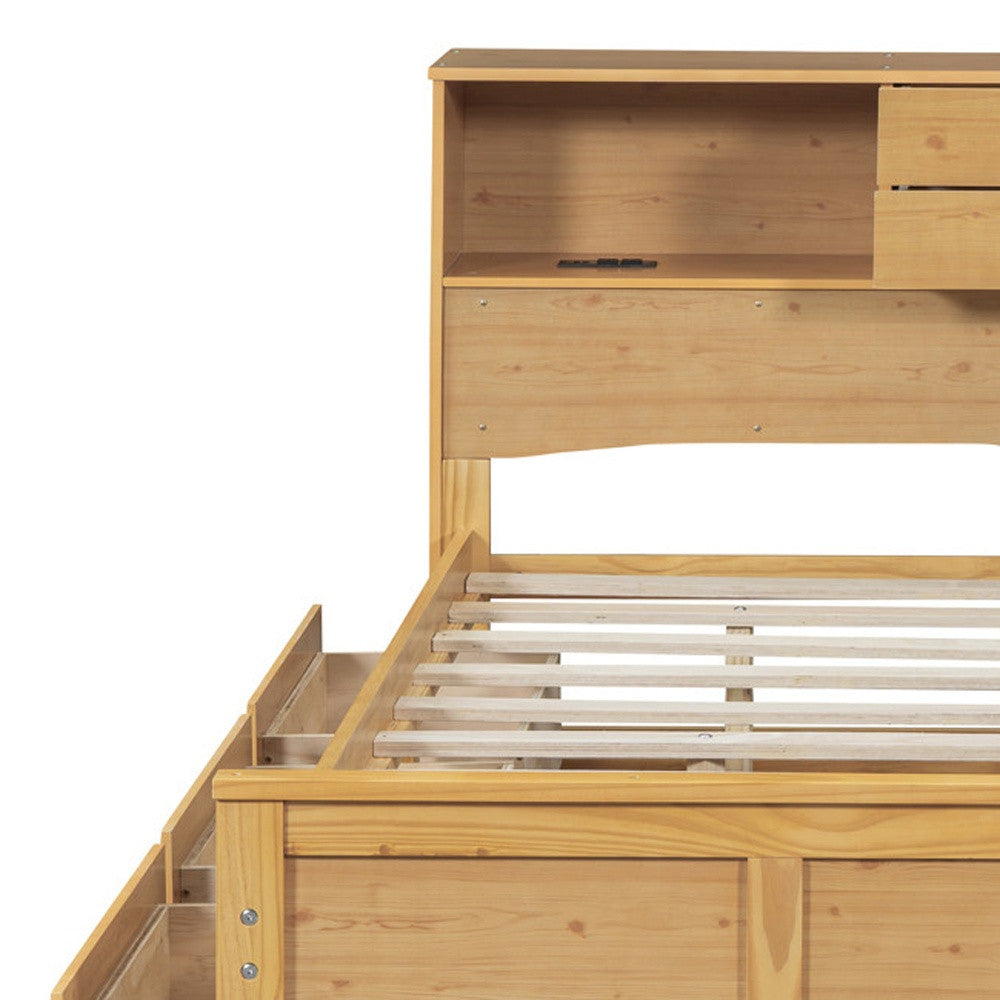 Natural Wood Full Bed Frame With Trundle And Drawers-6