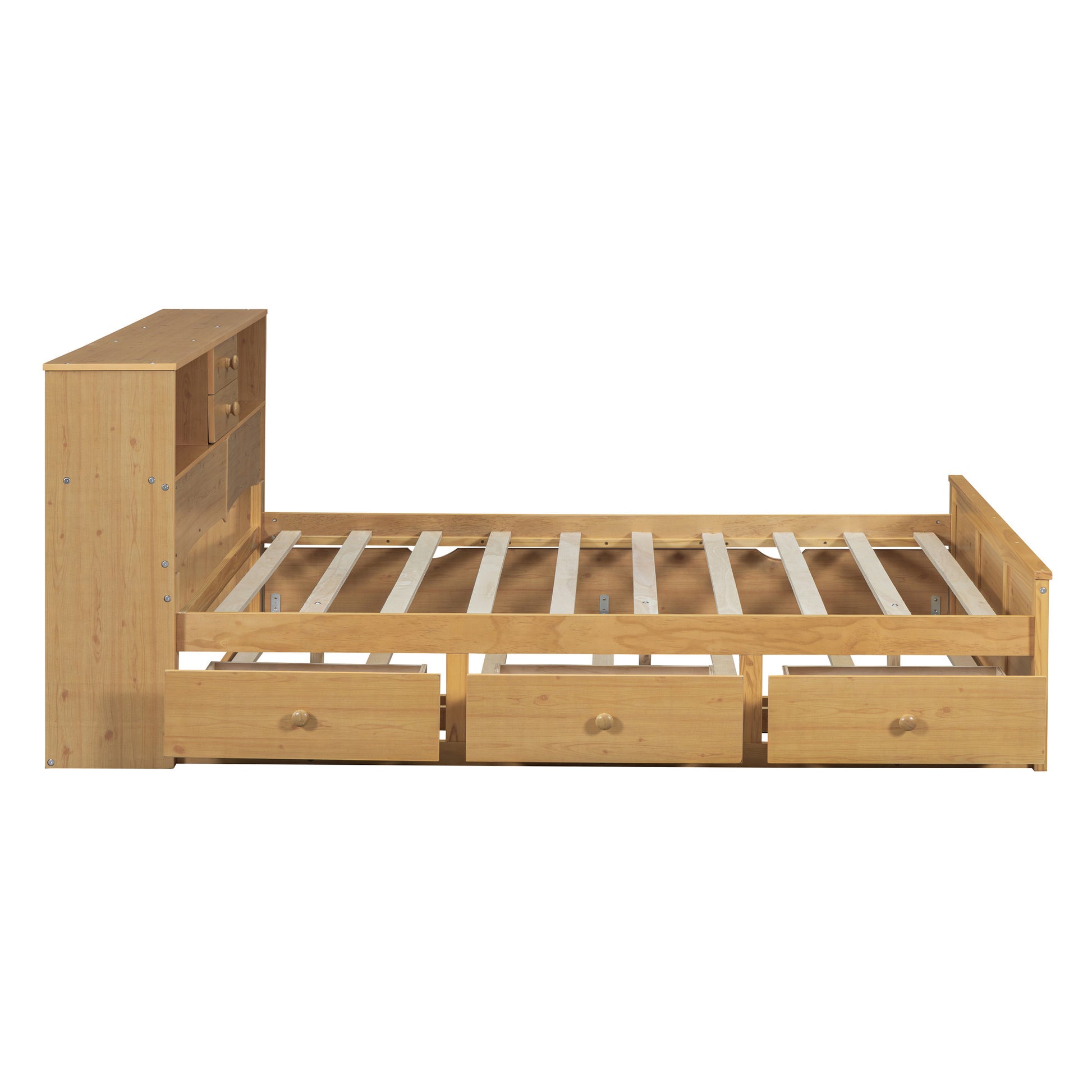 Natural Wood Full Bed Frame With Trundle And Drawers-3