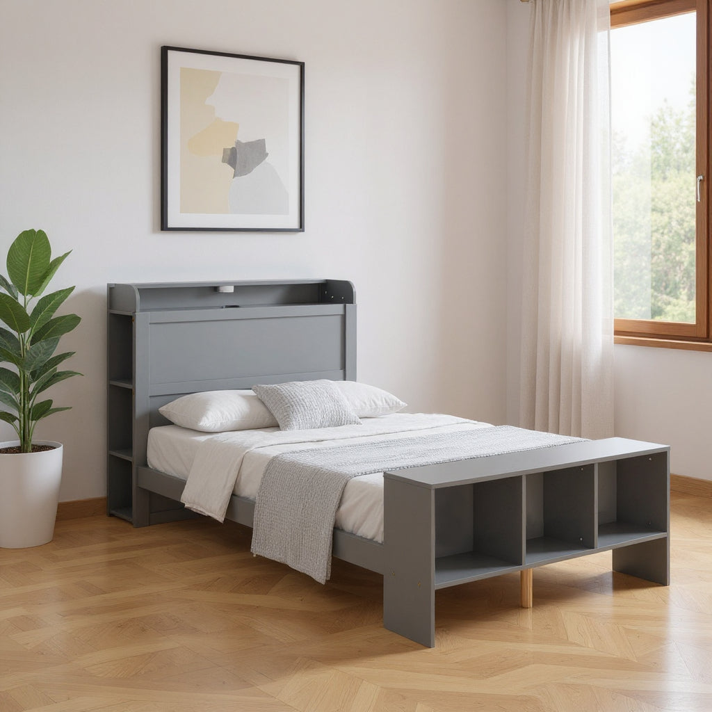 Gray Wood Twin Bed Frame With USB-0