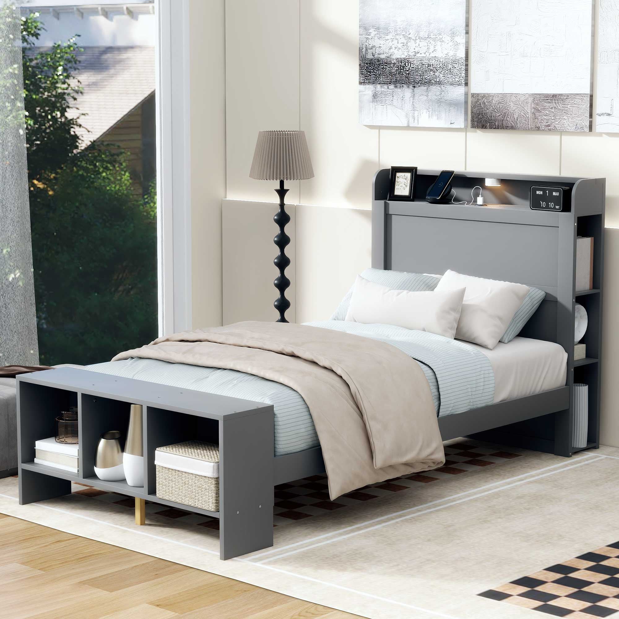 Gray Wood Twin Bed Frame With USB-8