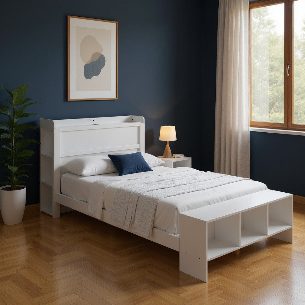 White Wood Twin Bed Frame With USB-0