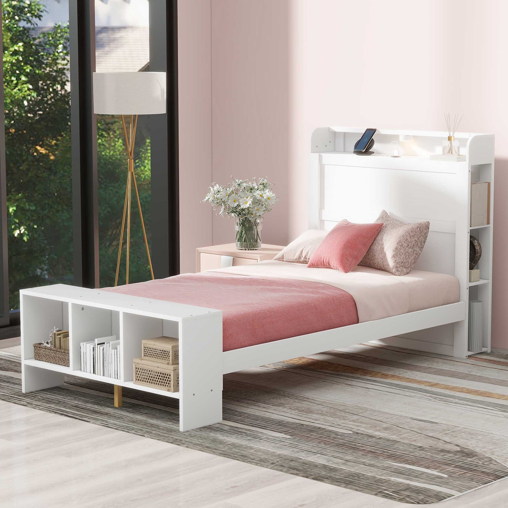 White Wood Twin Bed Frame With USB-8