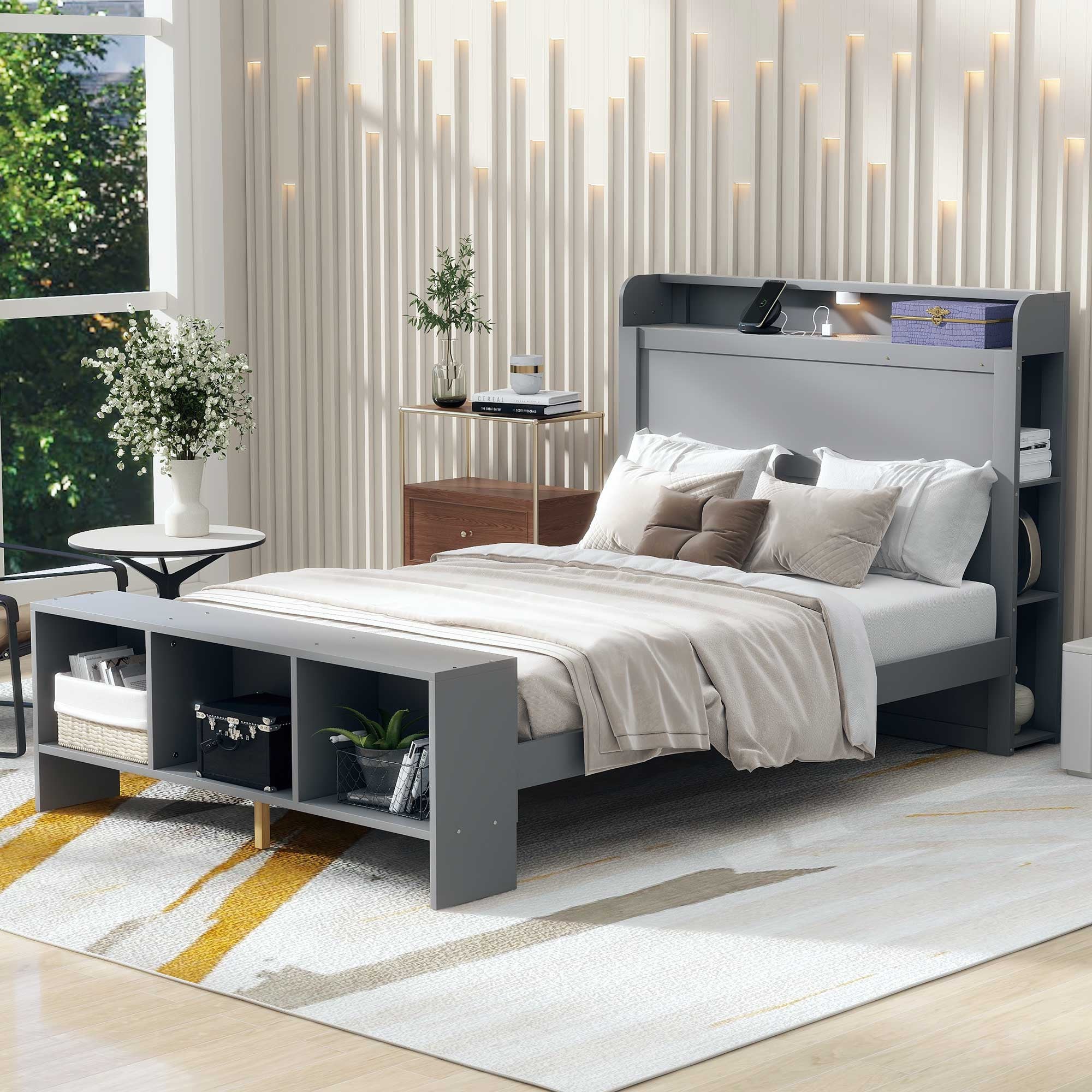 Gray Wood Full Bed Frame With LED Lighting And USB-7
