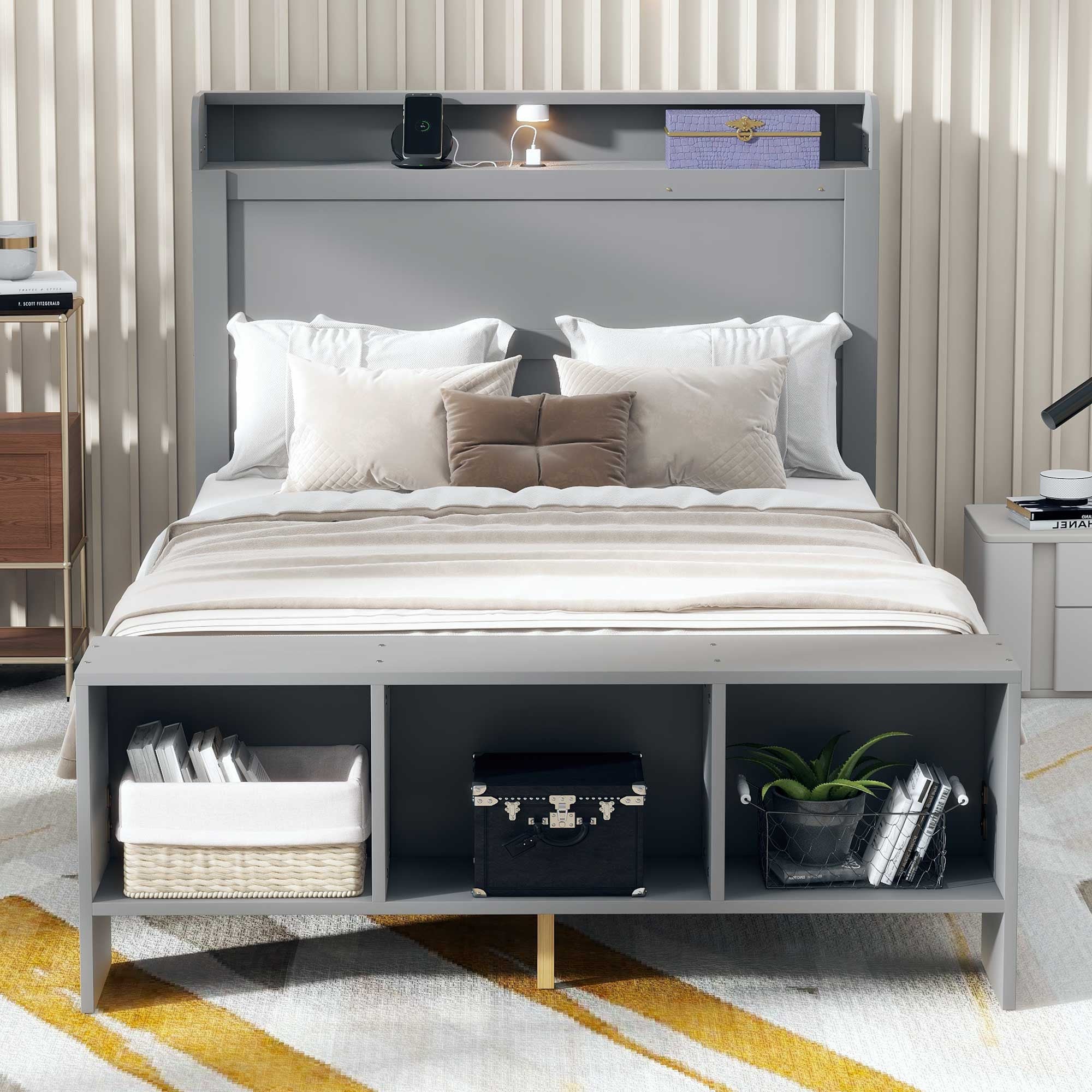 Gray Wood Full Bed Frame With LED Lighting And USB-8