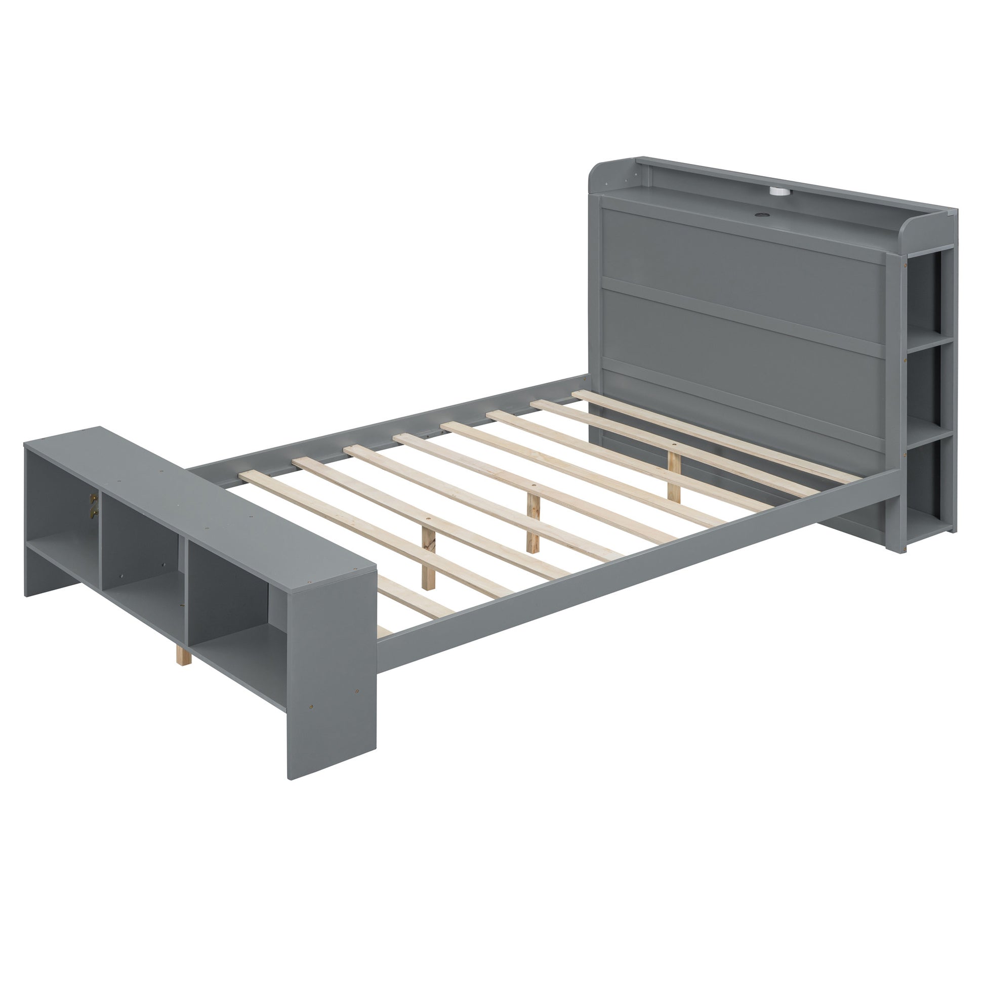 Gray Wood Full Bed Frame With LED Lighting And USB-1