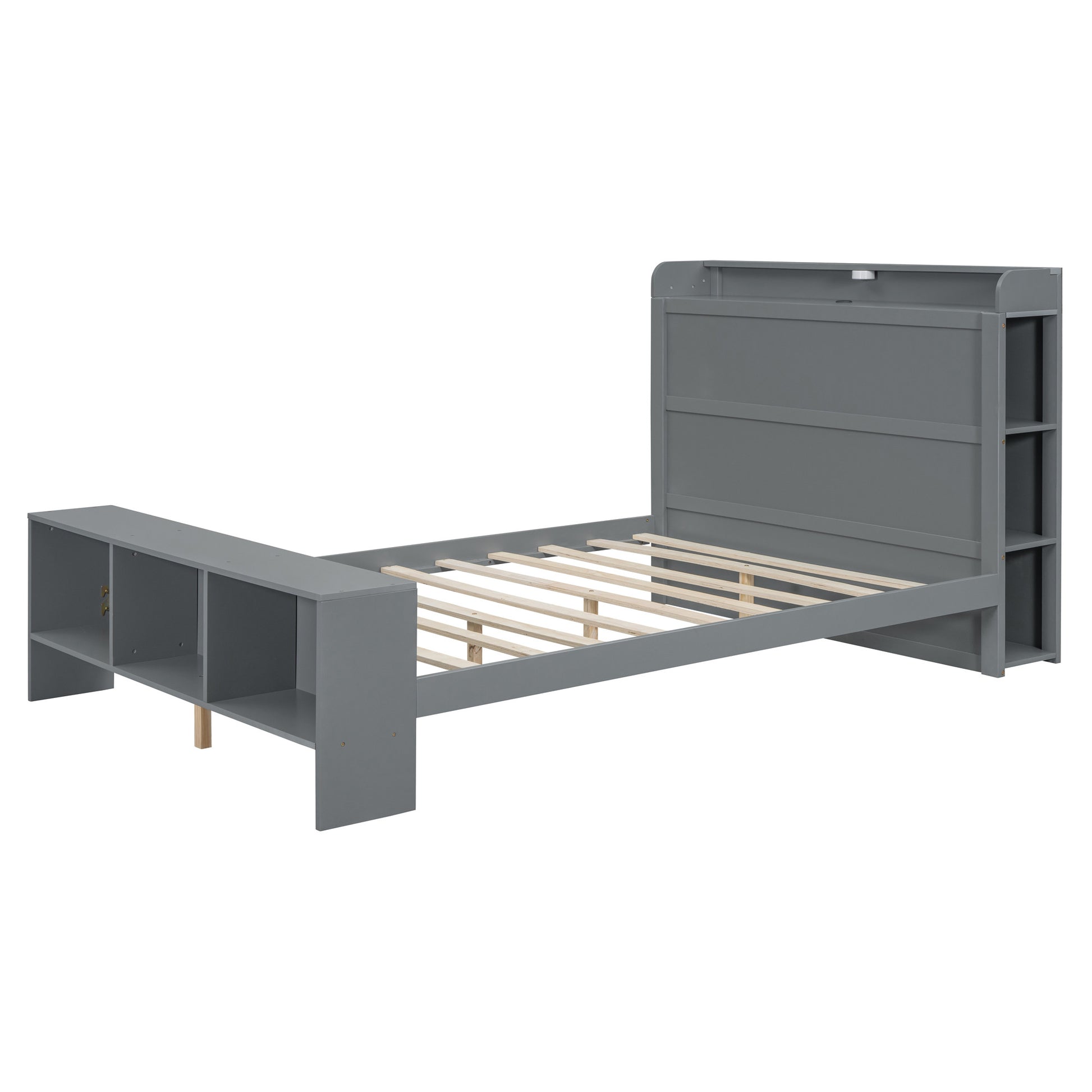 Gray Wood Full Bed Frame With LED Lighting And USB-2