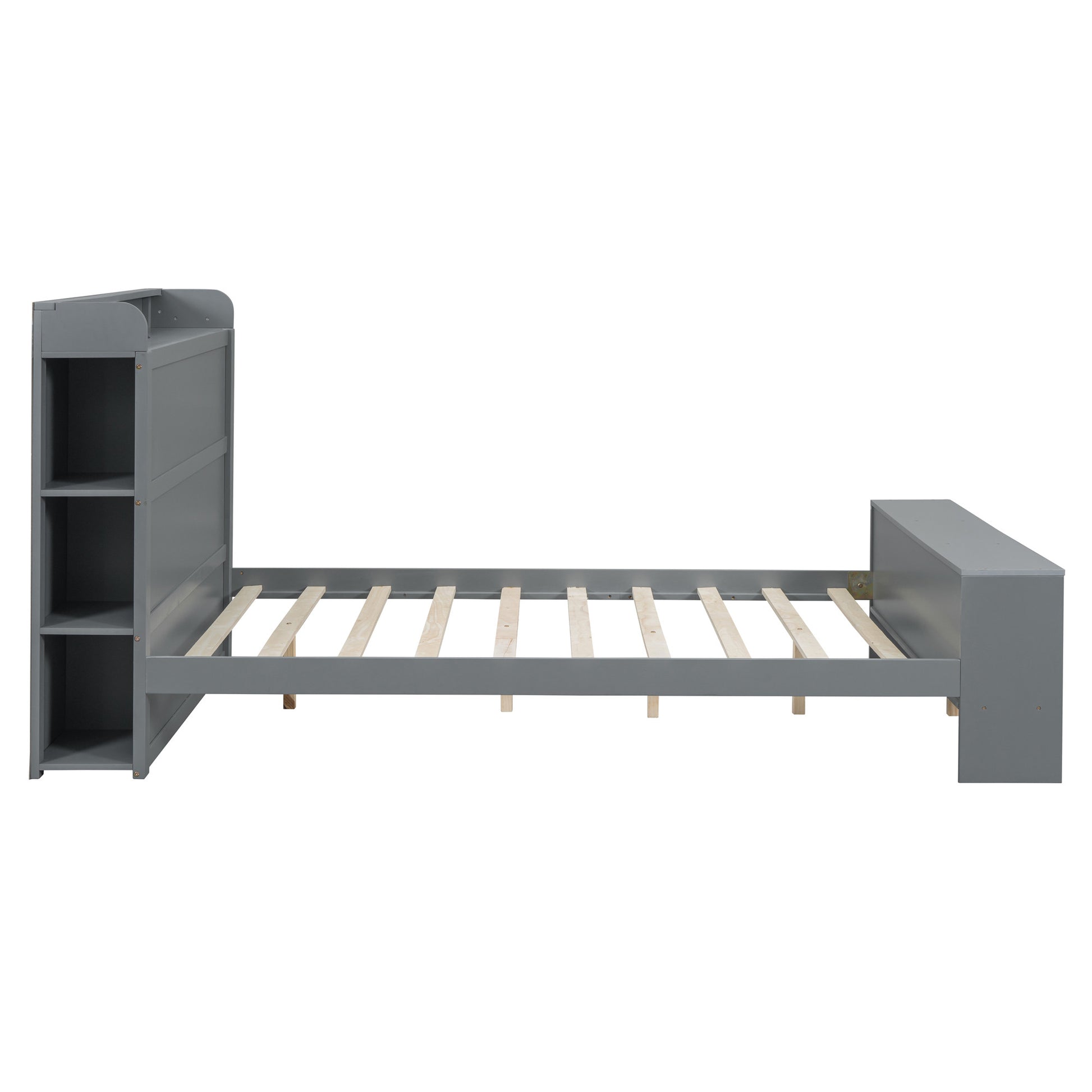 Gray Wood Full Bed Frame With LED Lighting And USB-3