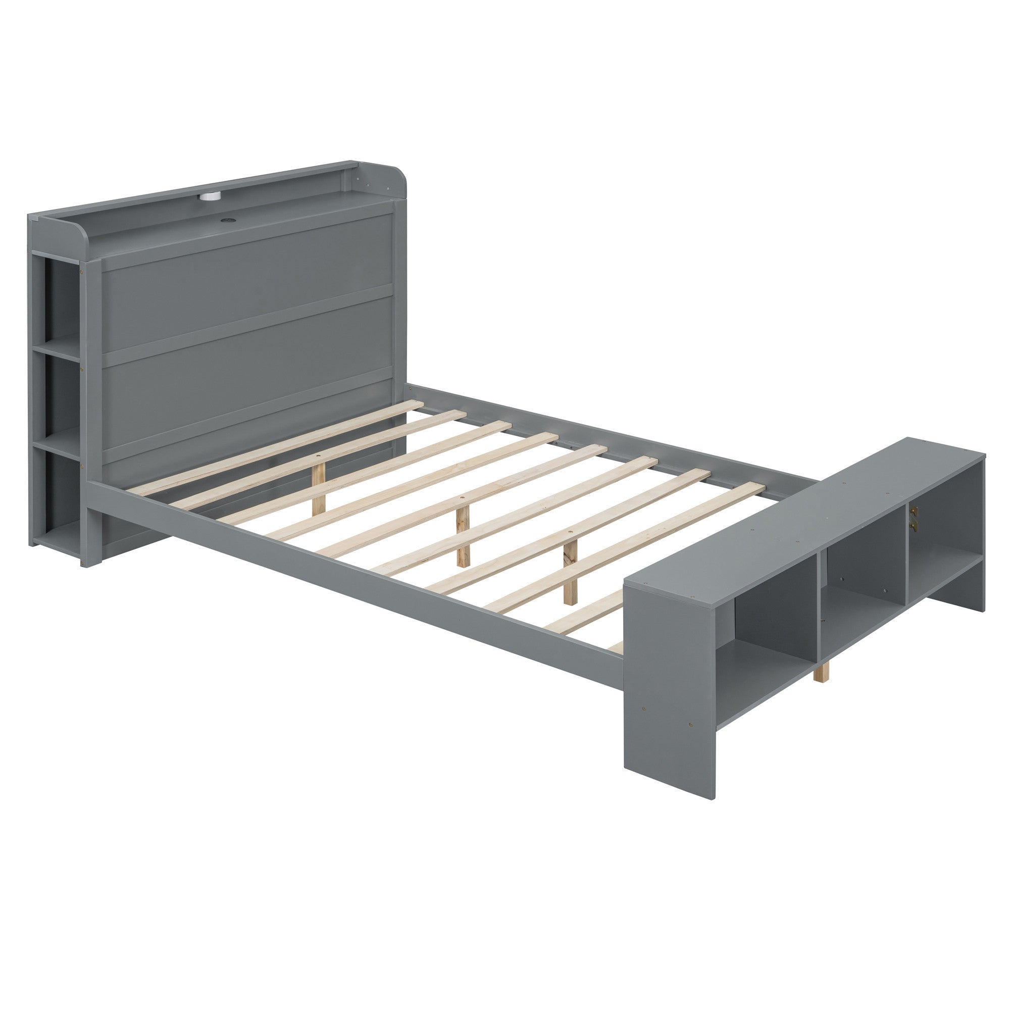 Gray Wood Full Bed Frame With LED Lighting And USB-6