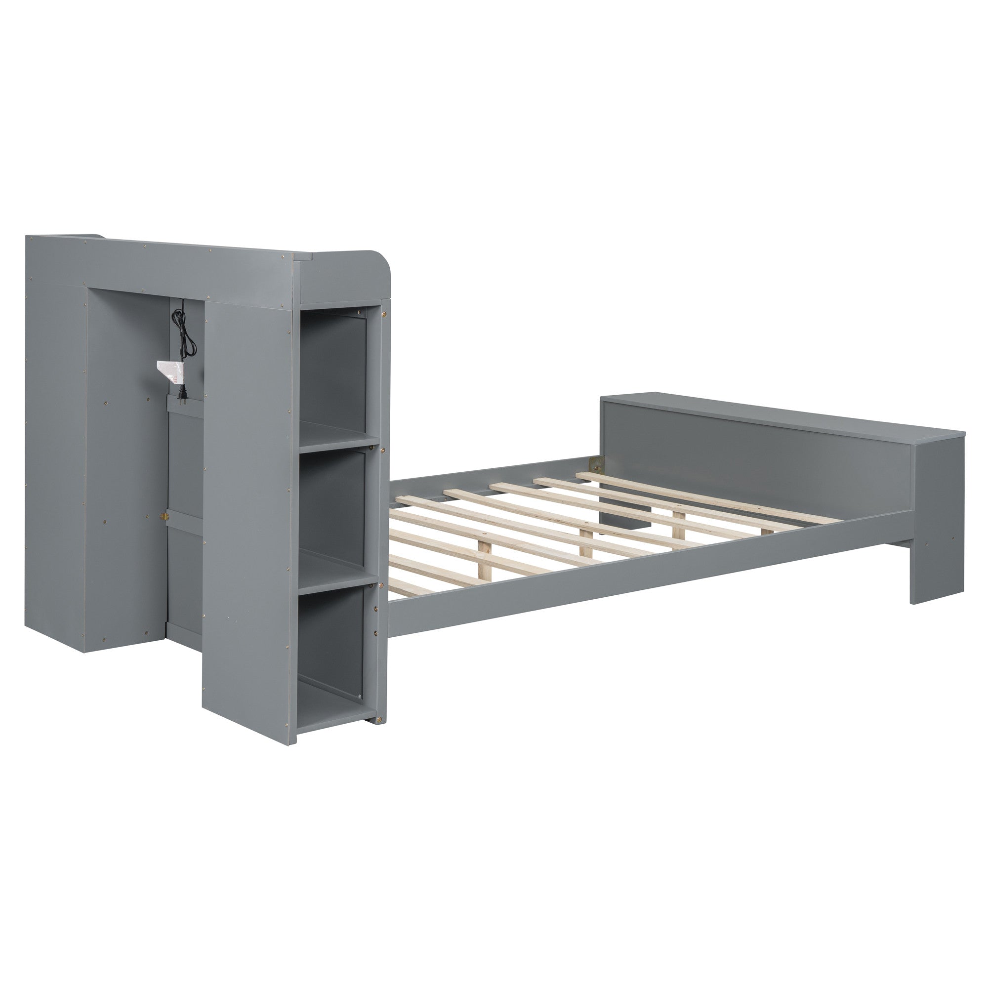 Gray Wood Full Bed Frame With LED Lighting And USB-5