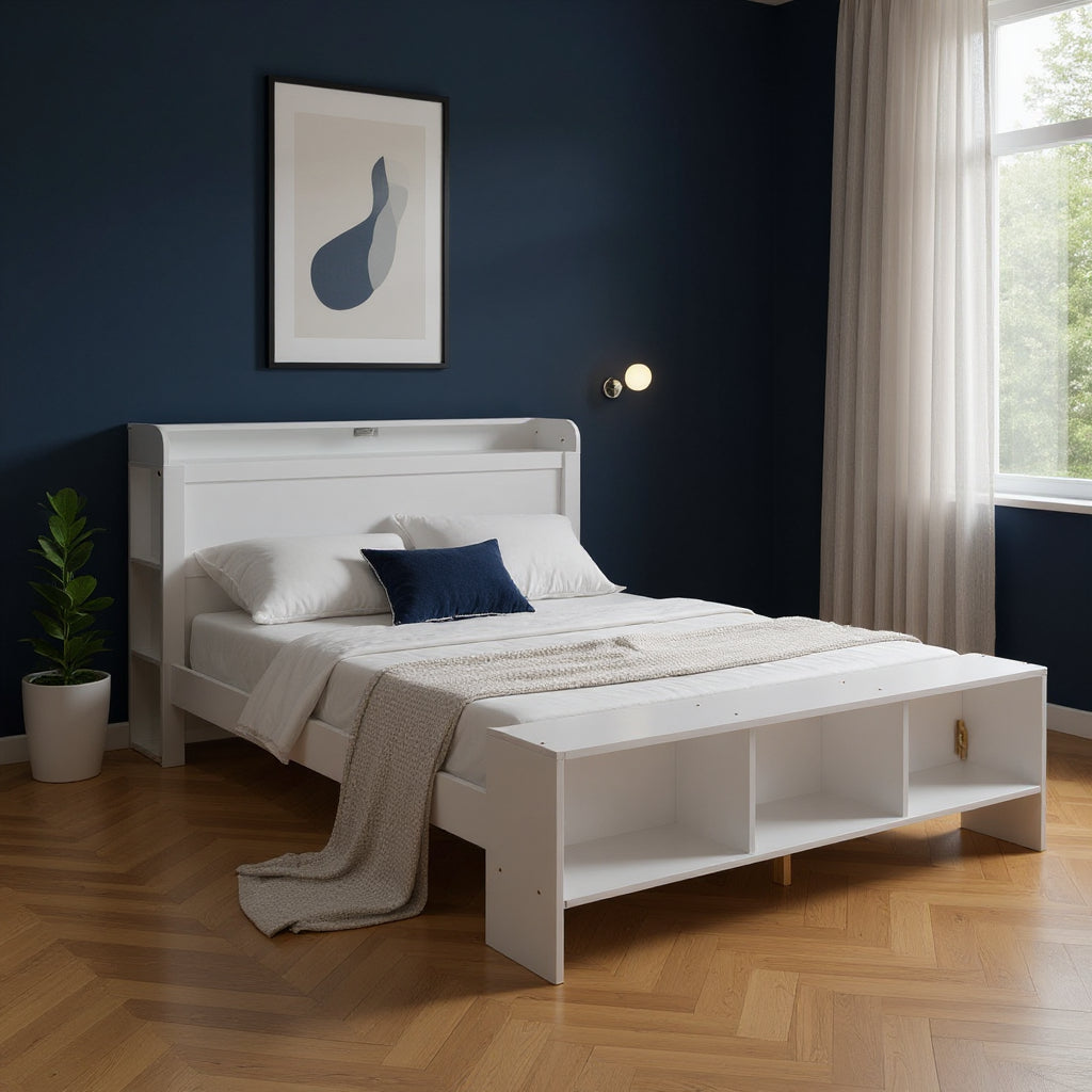 White Wood Full Bed Frame With LED Lighting And USB-0