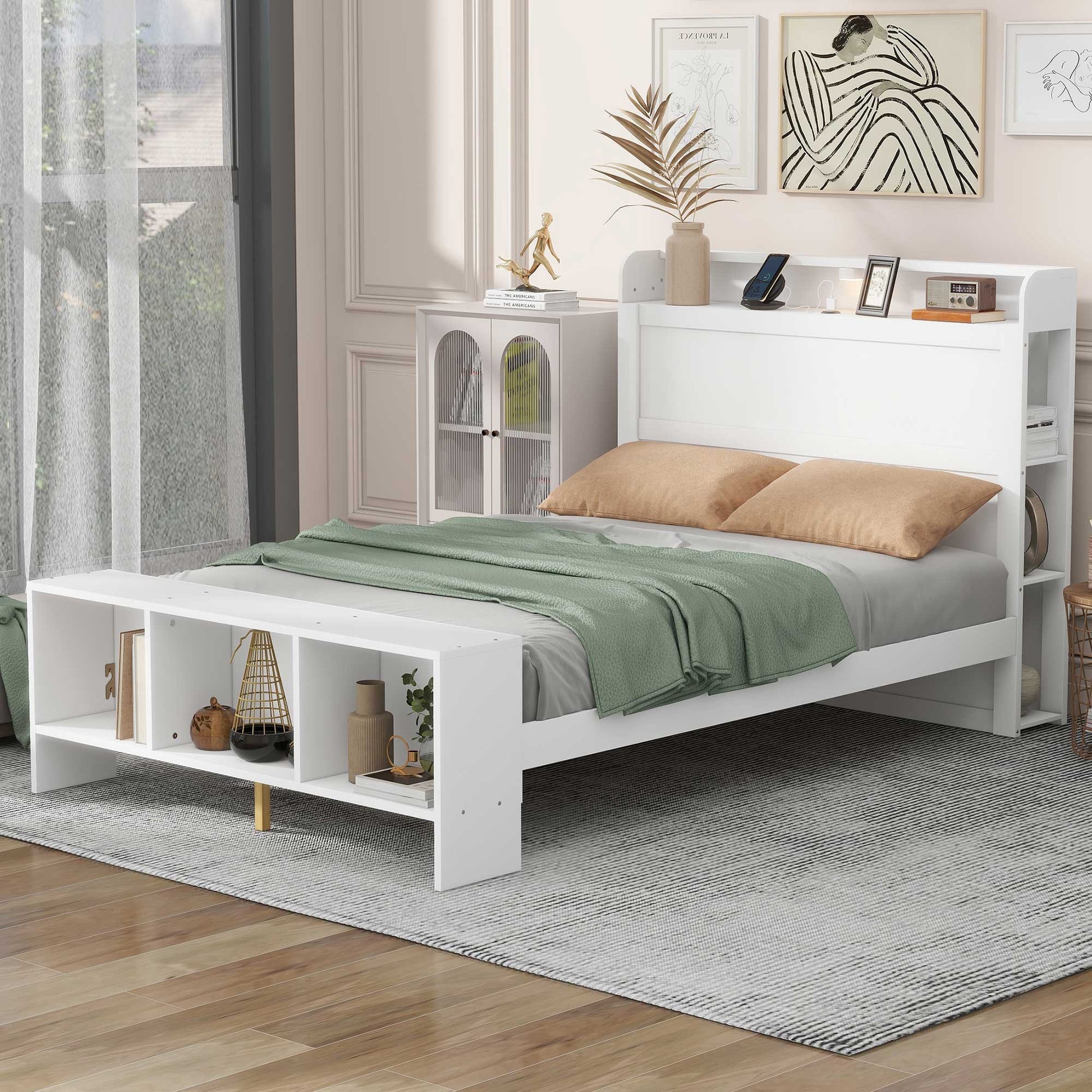 White Wood Full Bed Frame With LED Lighting And USB-8