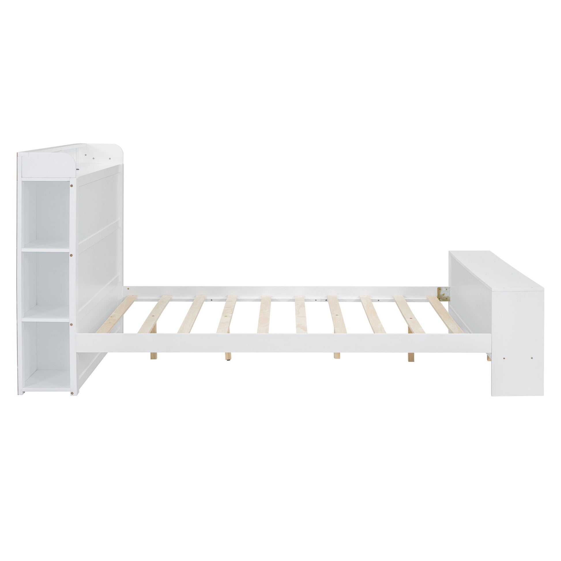 White Wood Full Bed Frame With LED Lighting And USB-4