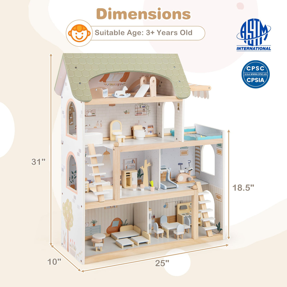 Wooden Dollhouse Kids DIY Pretend Playhouse with 33 PCS Furniture Accessories