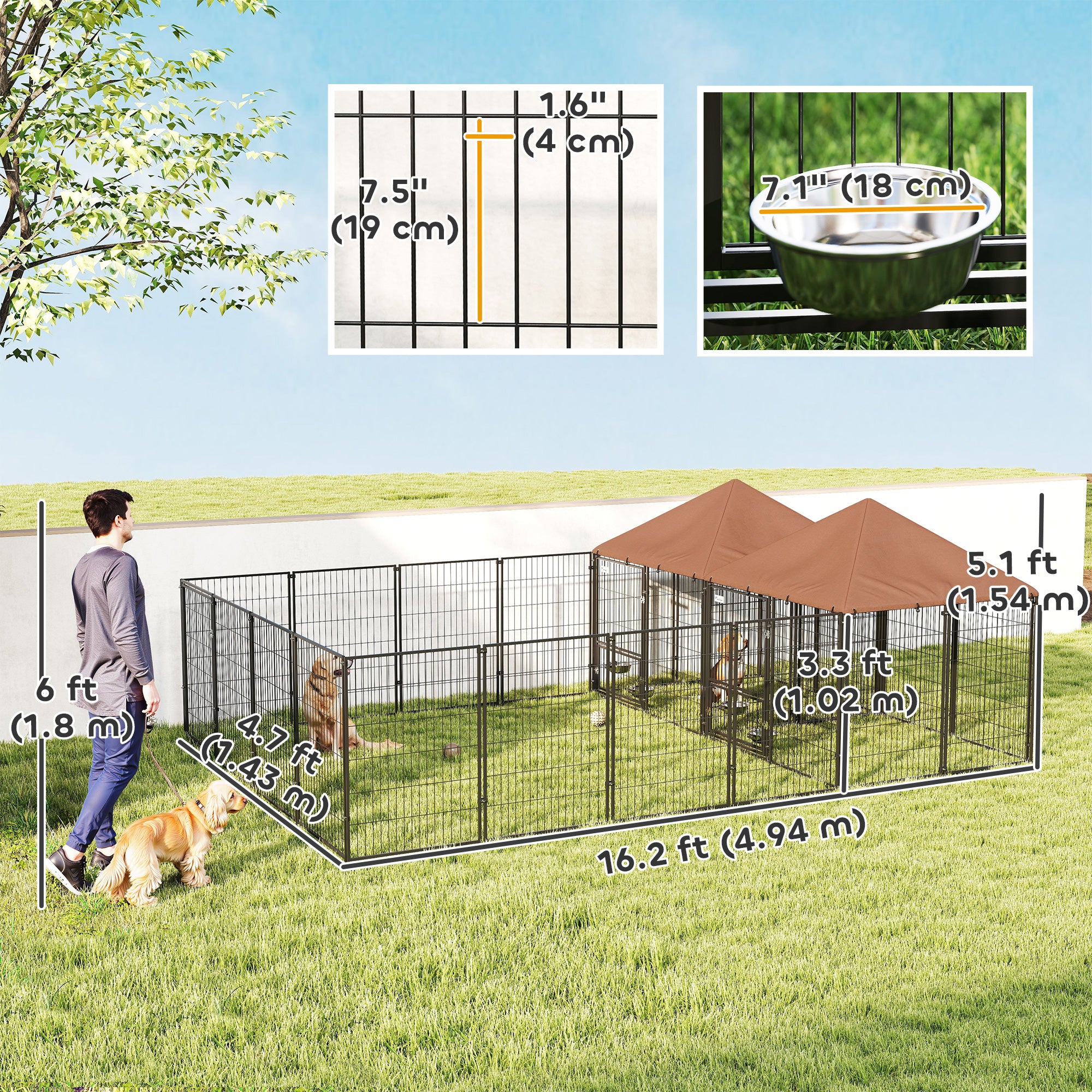 Large Outdoor Dog Kennel with 2 Rooms, Rotating & Adjustable Height Bowls, 13.5' x 9.4' x 5.1'