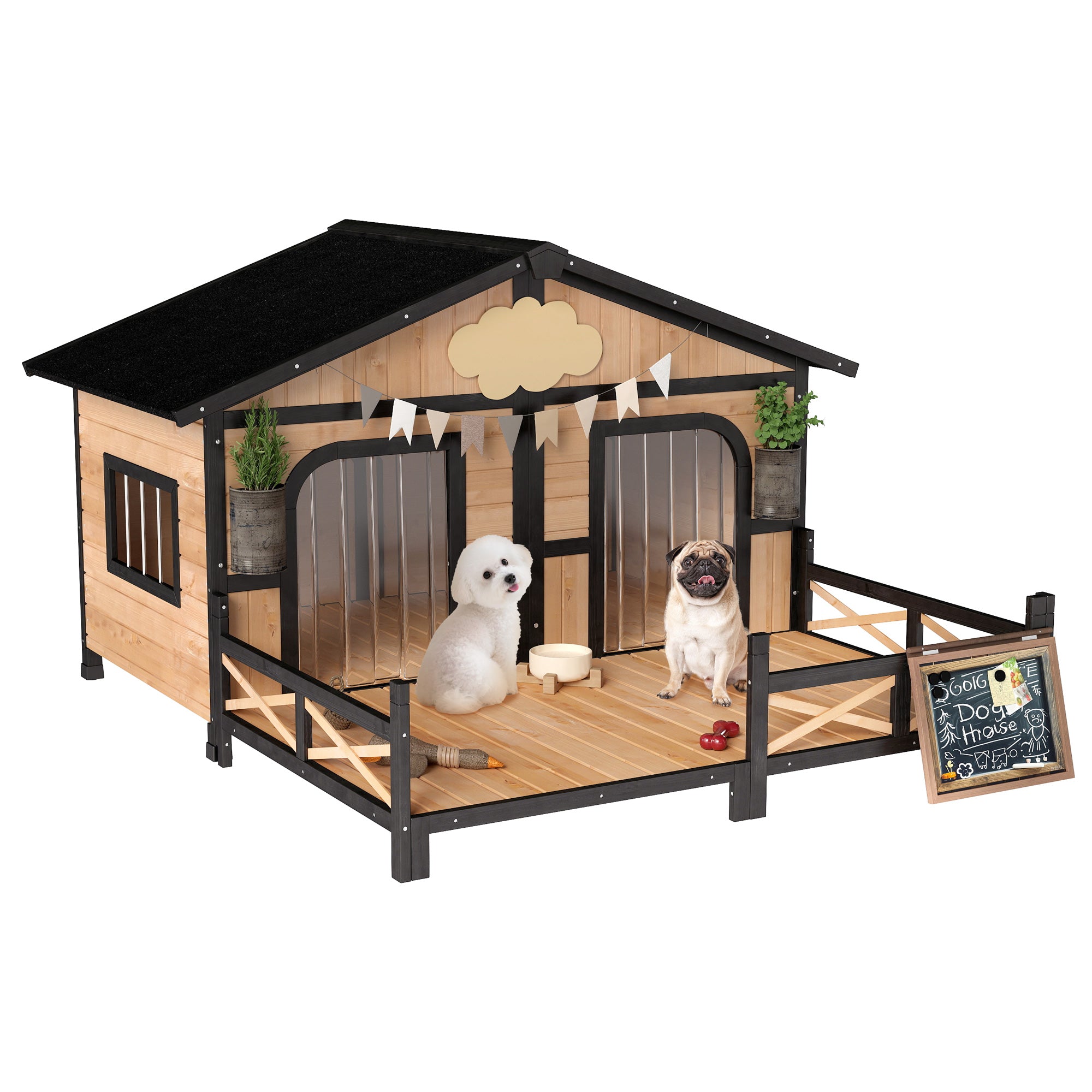 59"x64"x39" Wood Dog House Outdoor Cabin-Style Elevated Pet Shelter with Porch Deck, Beige-Dogs-DECOROLALA