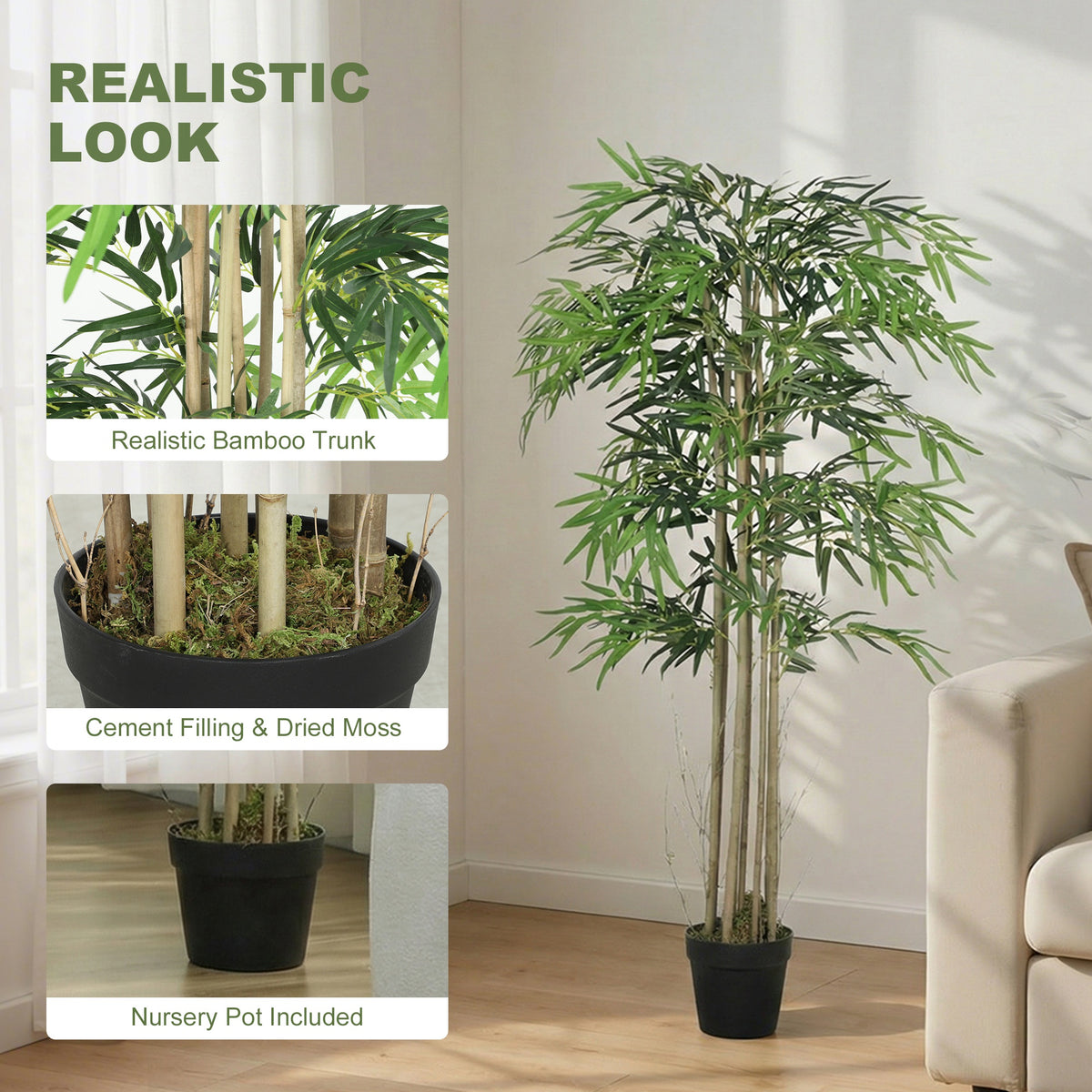 5FT Artificial Bamboo Tree Set of 2, Fake Plant with 1095 Leaves, Greenery Plant in Nursery Pot for Indoor, Green-Artificial Trees-DECOROLALA
