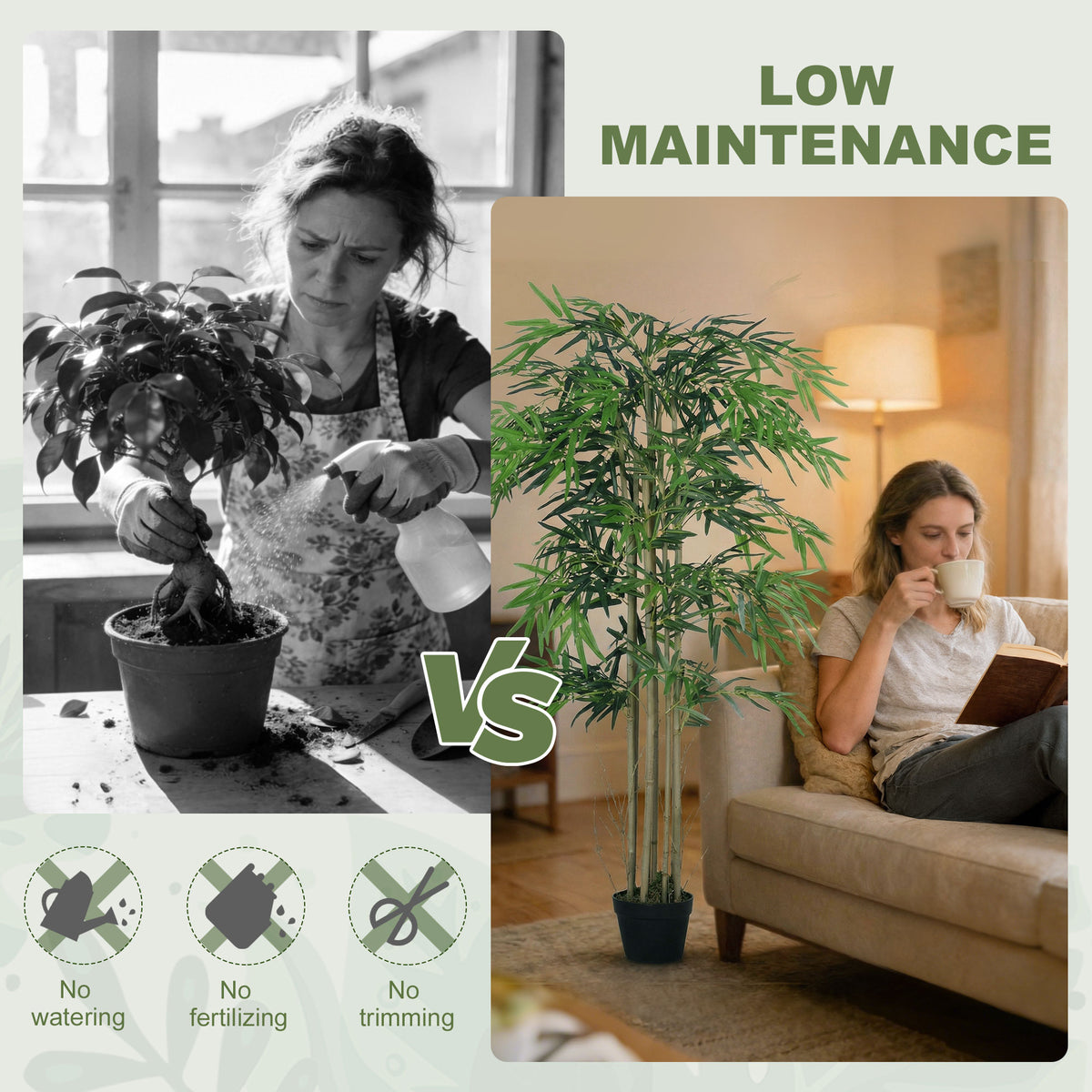5FT Artificial Bamboo Tree Set of 2, Fake Plant with 1095 Leaves, Greenery Plant in Nursery Pot for Indoor, Green-Artificial Trees-DECOROLALA