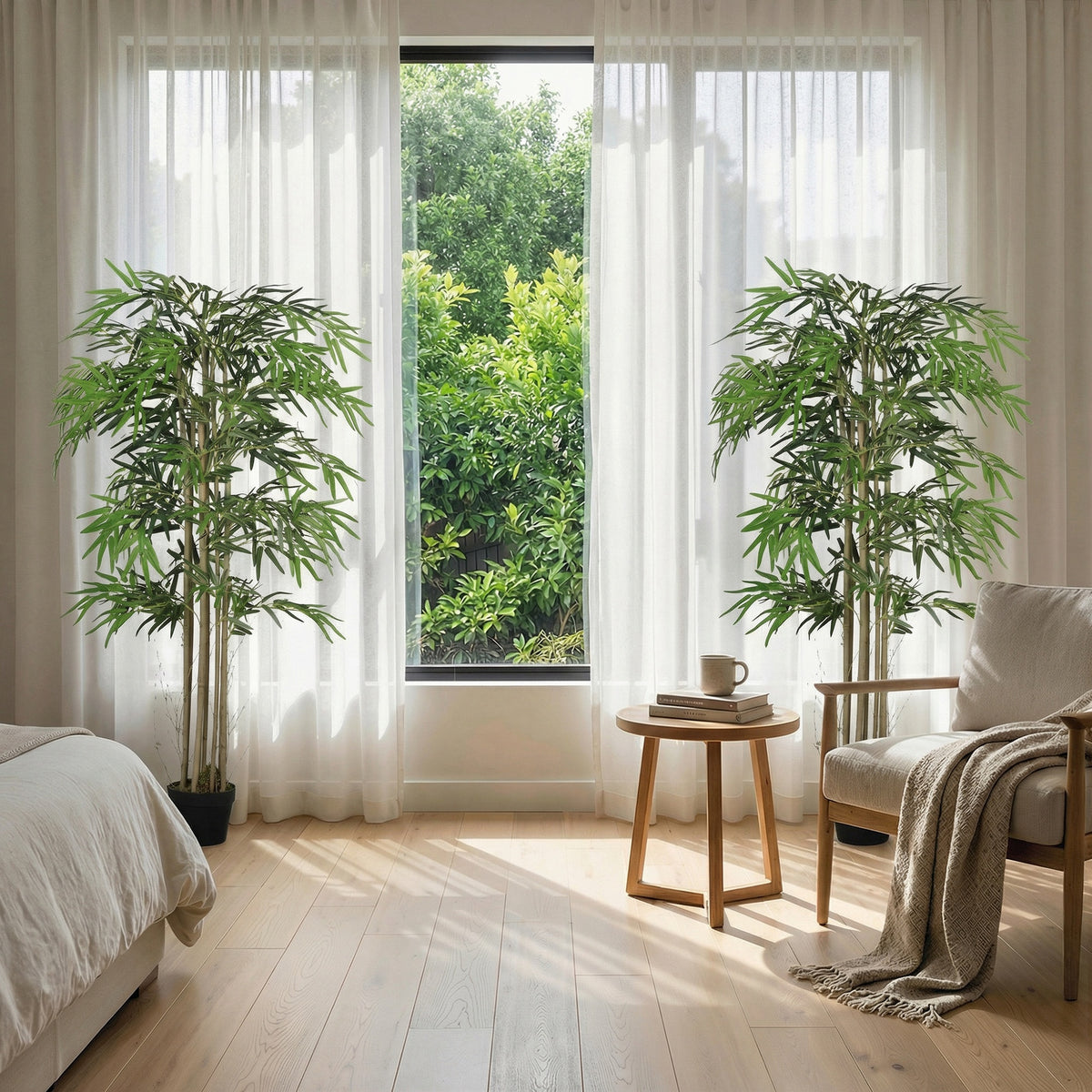 5FT Artificial Bamboo Tree Set of 2, Fake Plant with 1095 Leaves, Greenery Plant in Nursery Pot for Indoor, Green-Artificial Trees-DECOROLALA
