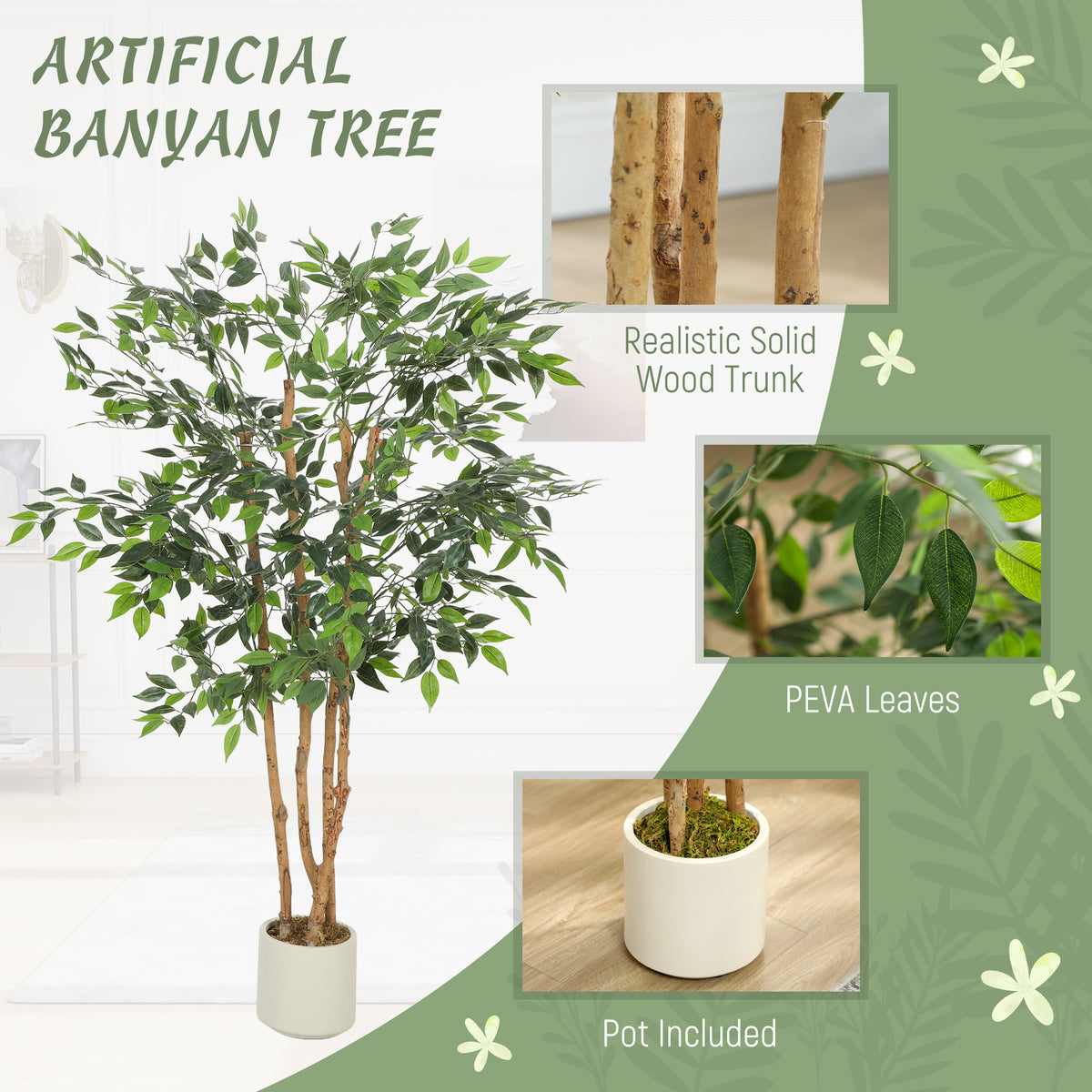 5FT Artificial Banyan Tree Set of 2, Fake Potted Tree with Solid Wood Trunk and Pot for Indoor-Artificial Trees-DECOROLALA
