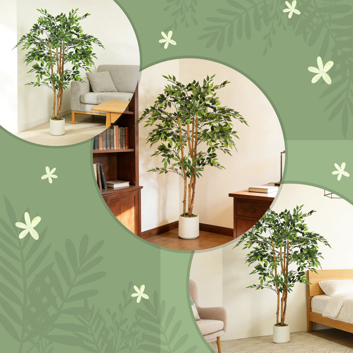 5FT Artificial Banyan Tree Set of 2, Fake Potted Tree with Solid Wood Trunk and Pot for Indoor-Artificial Trees-DECOROLALA