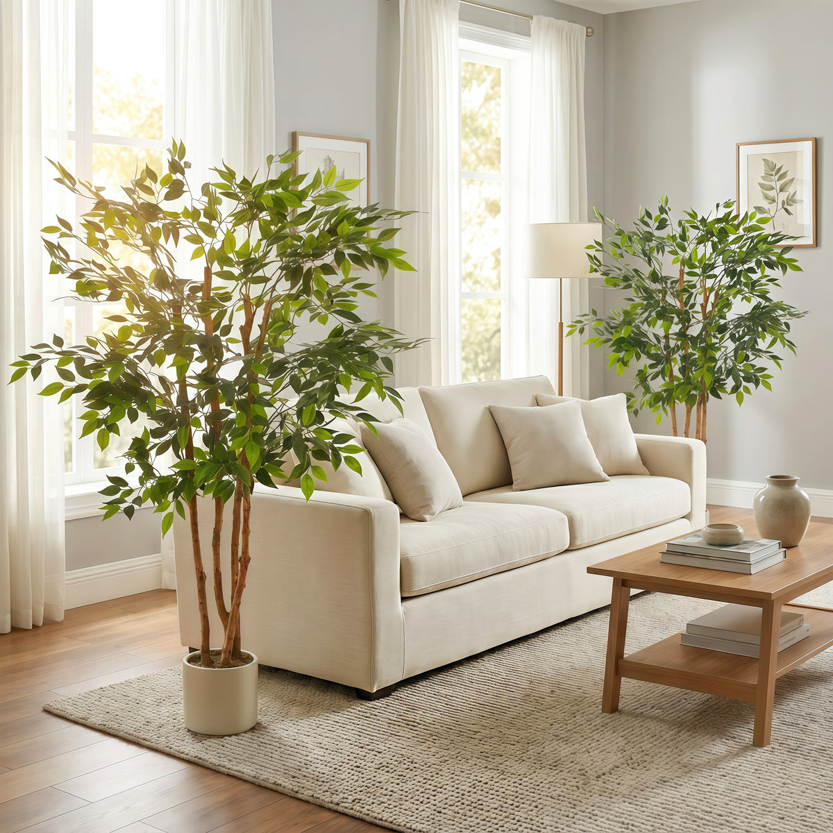 5FT Artificial Banyan Tree Set of 2, Fake Potted Tree with Solid Wood Trunk and Pot for Indoor-Artificial Trees-DECOROLALA
