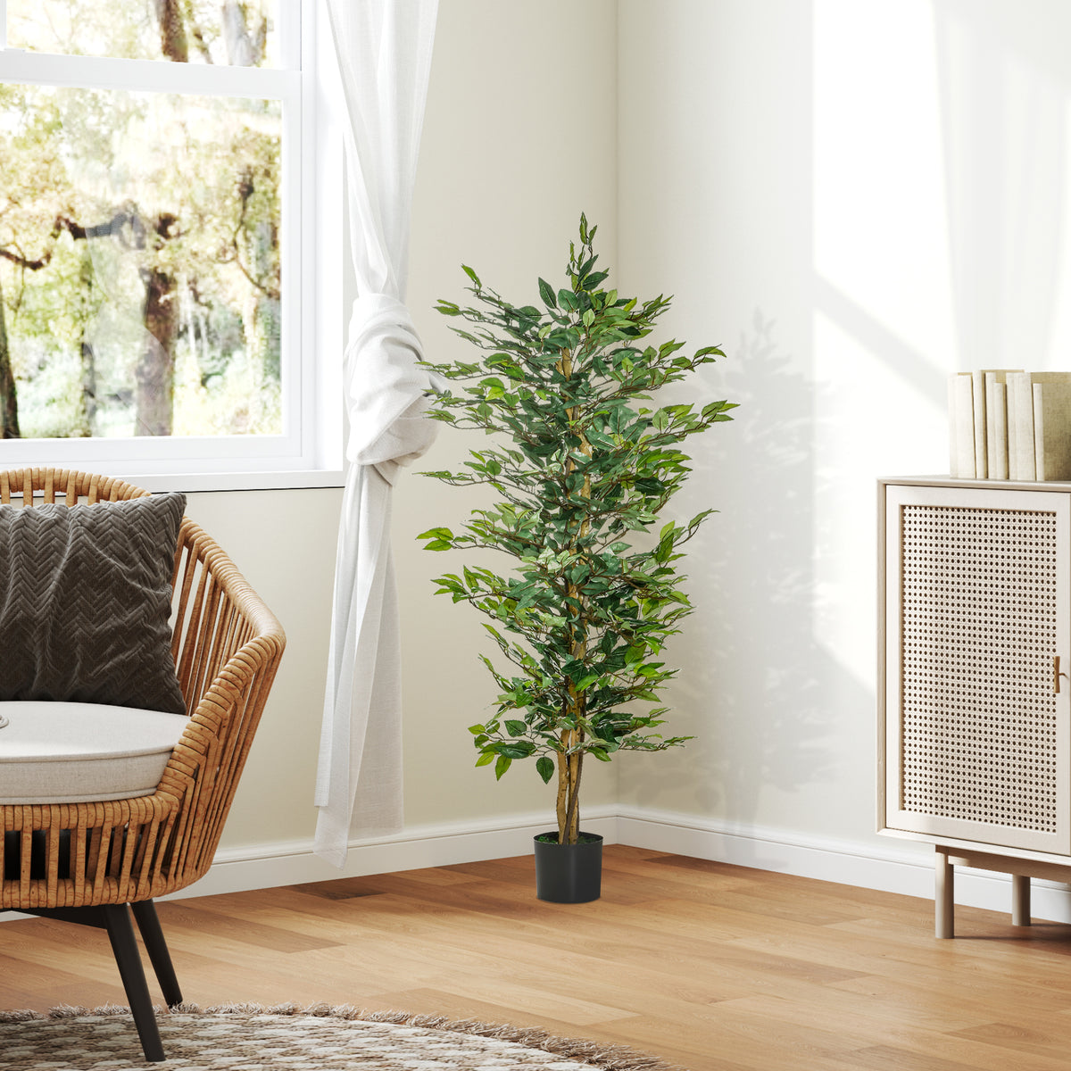 5FT Artificial Ficus Tree, Fake Tree with Leaves, Faux Plant in Nursery Pot for Indoor Decoration-Artificial Trees-DECOROLALA