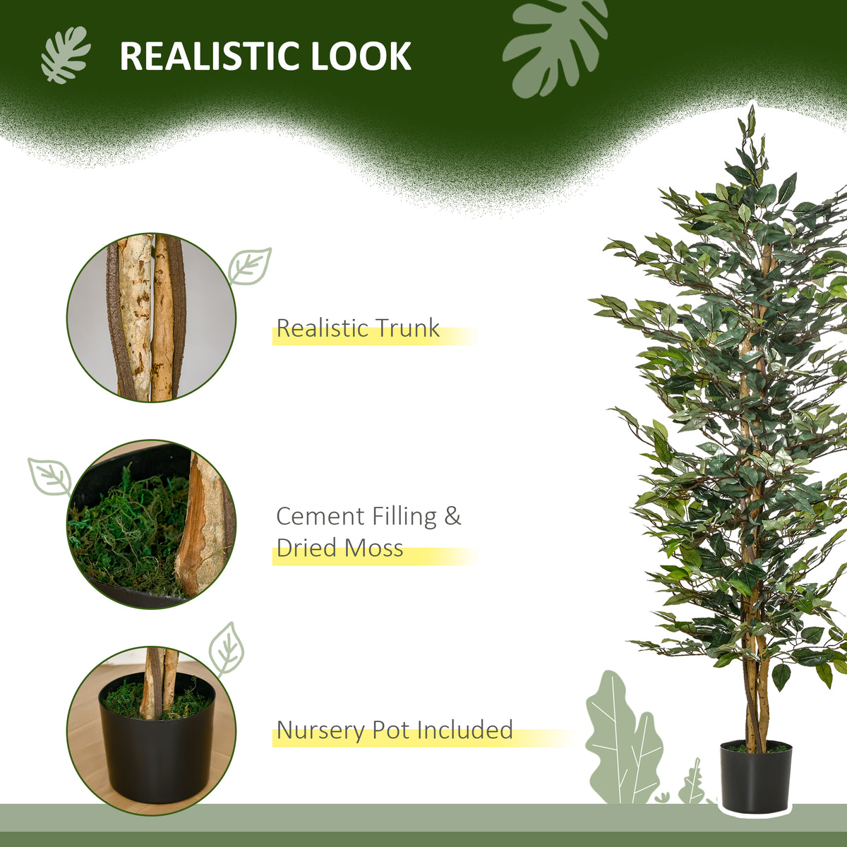5FT Artificial Ficus Tree, Fake Tree with Leaves, Faux Plant in Nursery Pot for Indoor Decoration-Artificial Trees-DECOROLALA