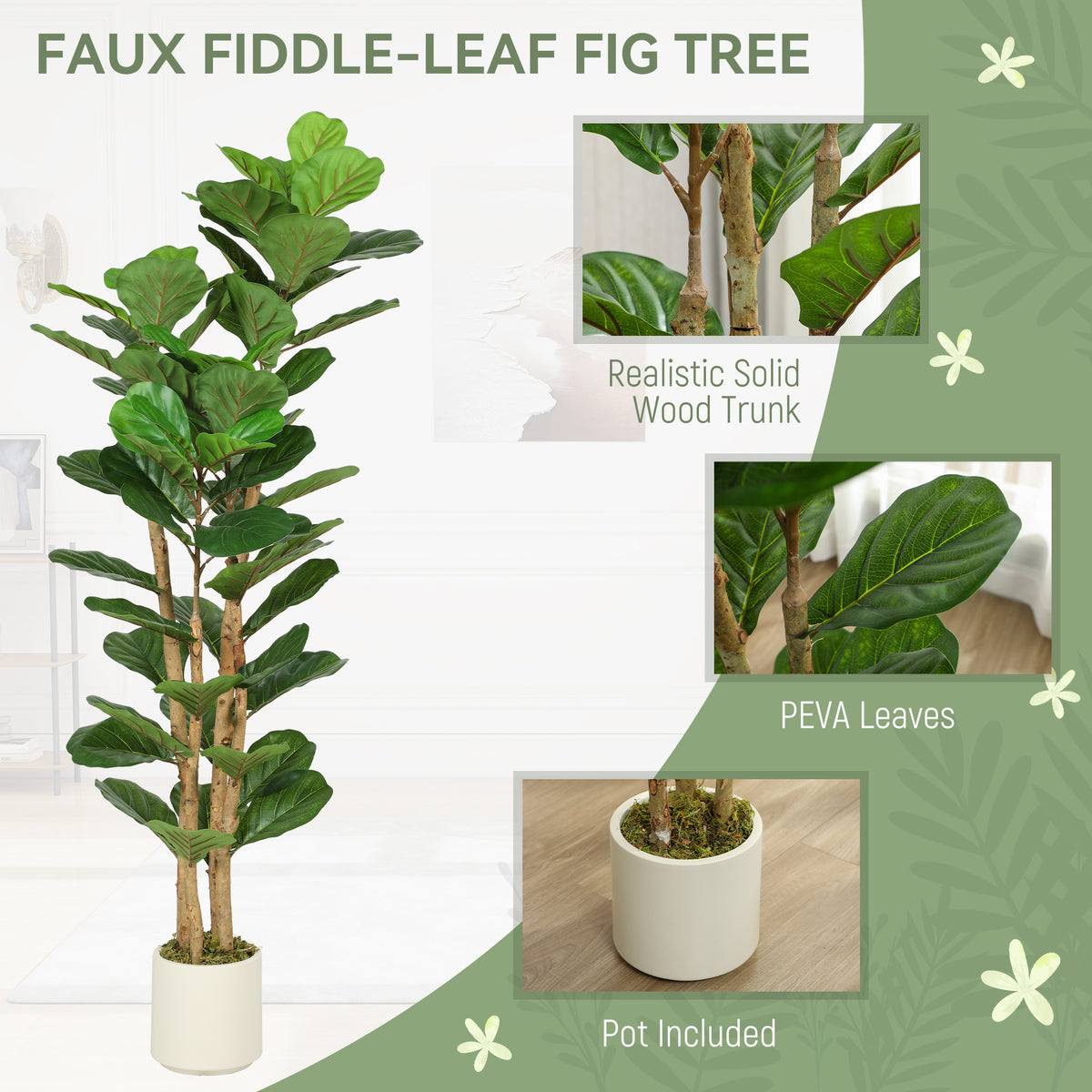 5FT Artificial Fiddle Leaf Fig Tree, Fake Potted Tree with Solid Wood Trunks for Indoor Decor, Green-Artificial Trees-DECOROLALA